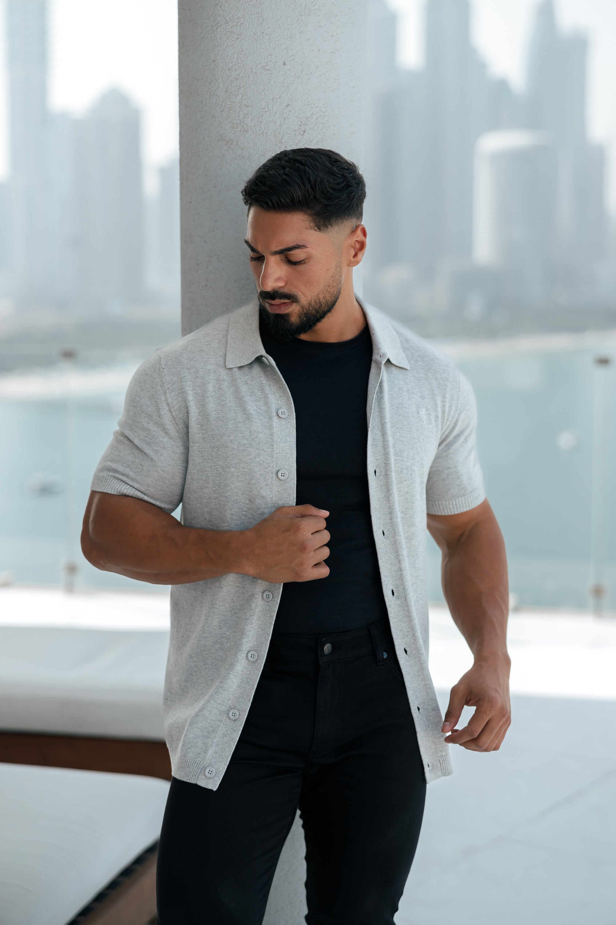 Classic Plain Light Grey Knitted Button Through Polo Short Sleeve - FSN102