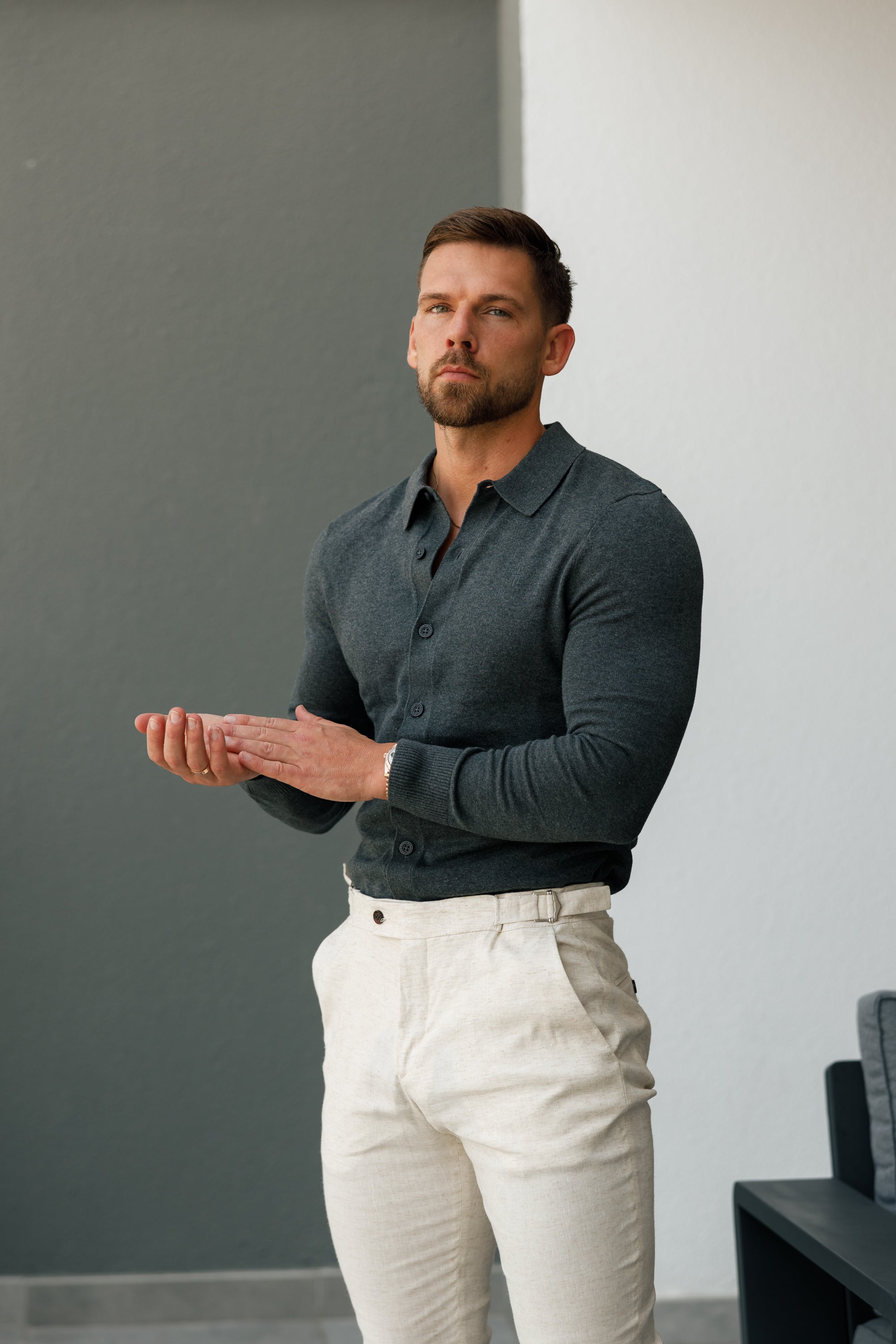 Classic Plain Charcoal Knitted Button Through Polo Long Sleeve - FSN168