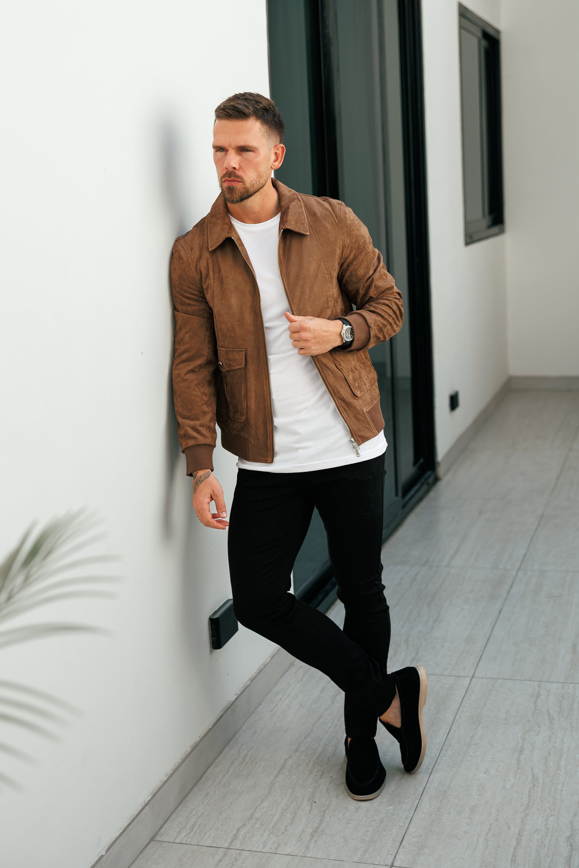 Suede Feel Light Brown Bomber Jacket - FSN229