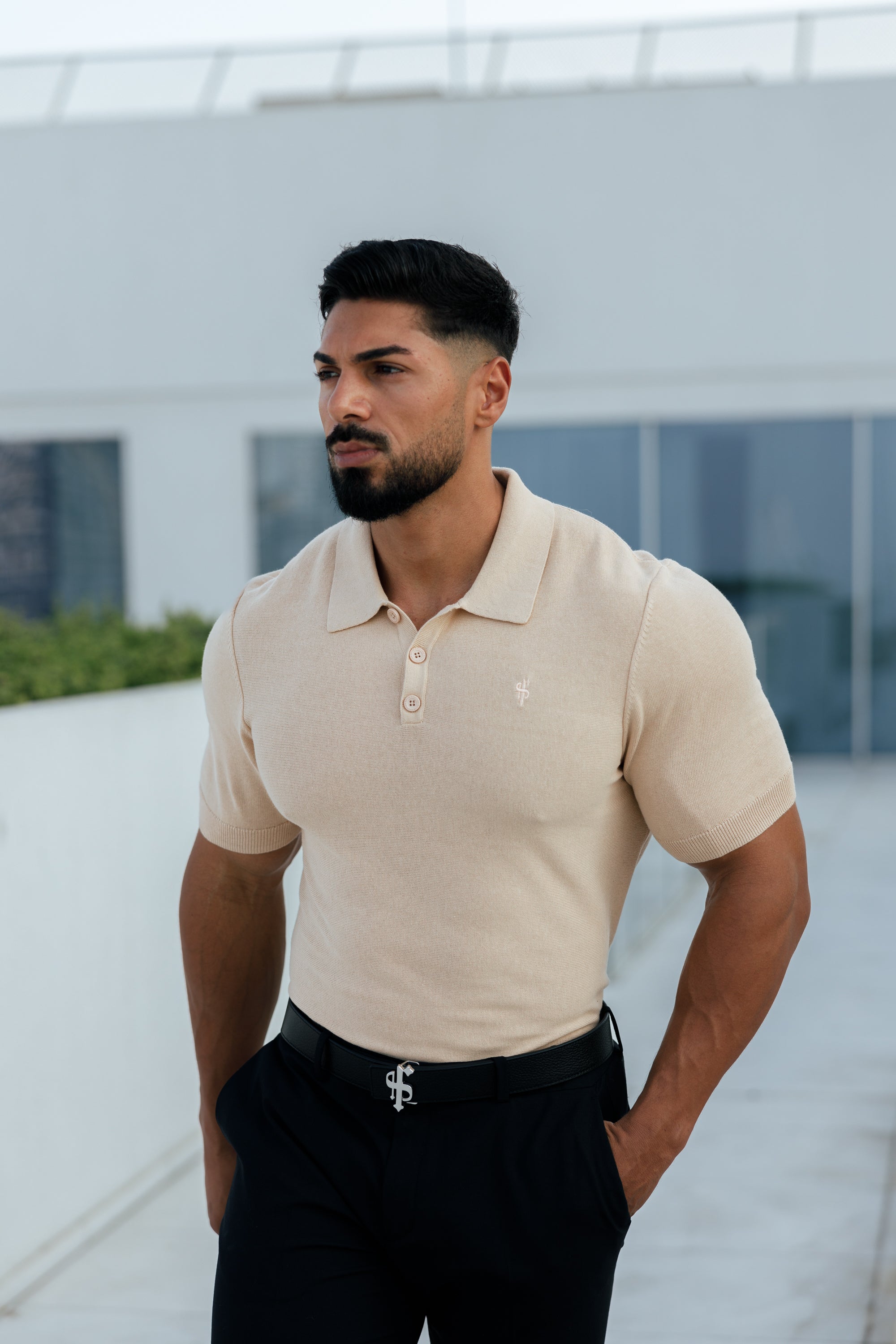 Classic Plain Beige Knitted Polo Short Sleeve - FSN111