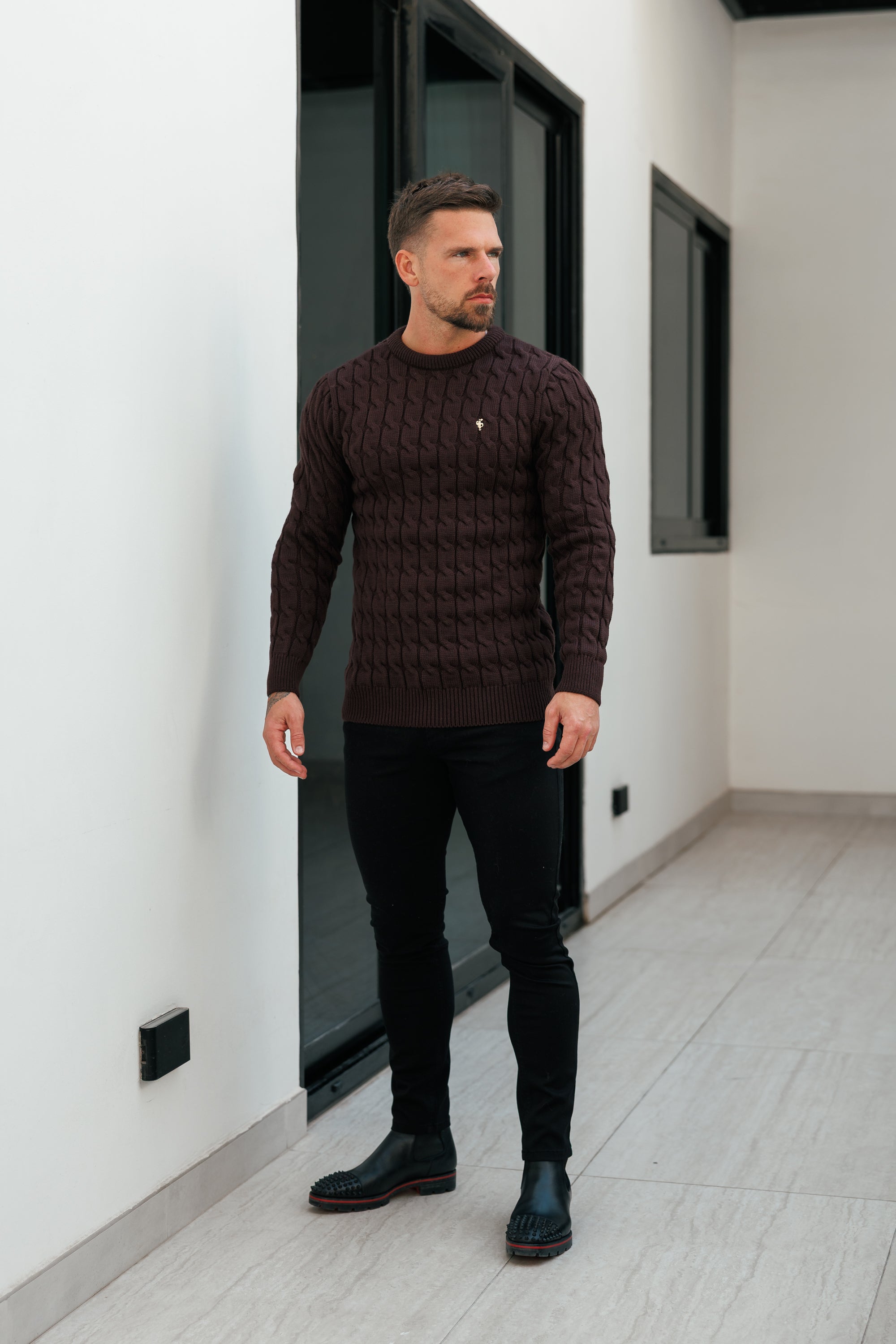 Link Weave Knit Brown Crew Neck Jumper - FSJ141