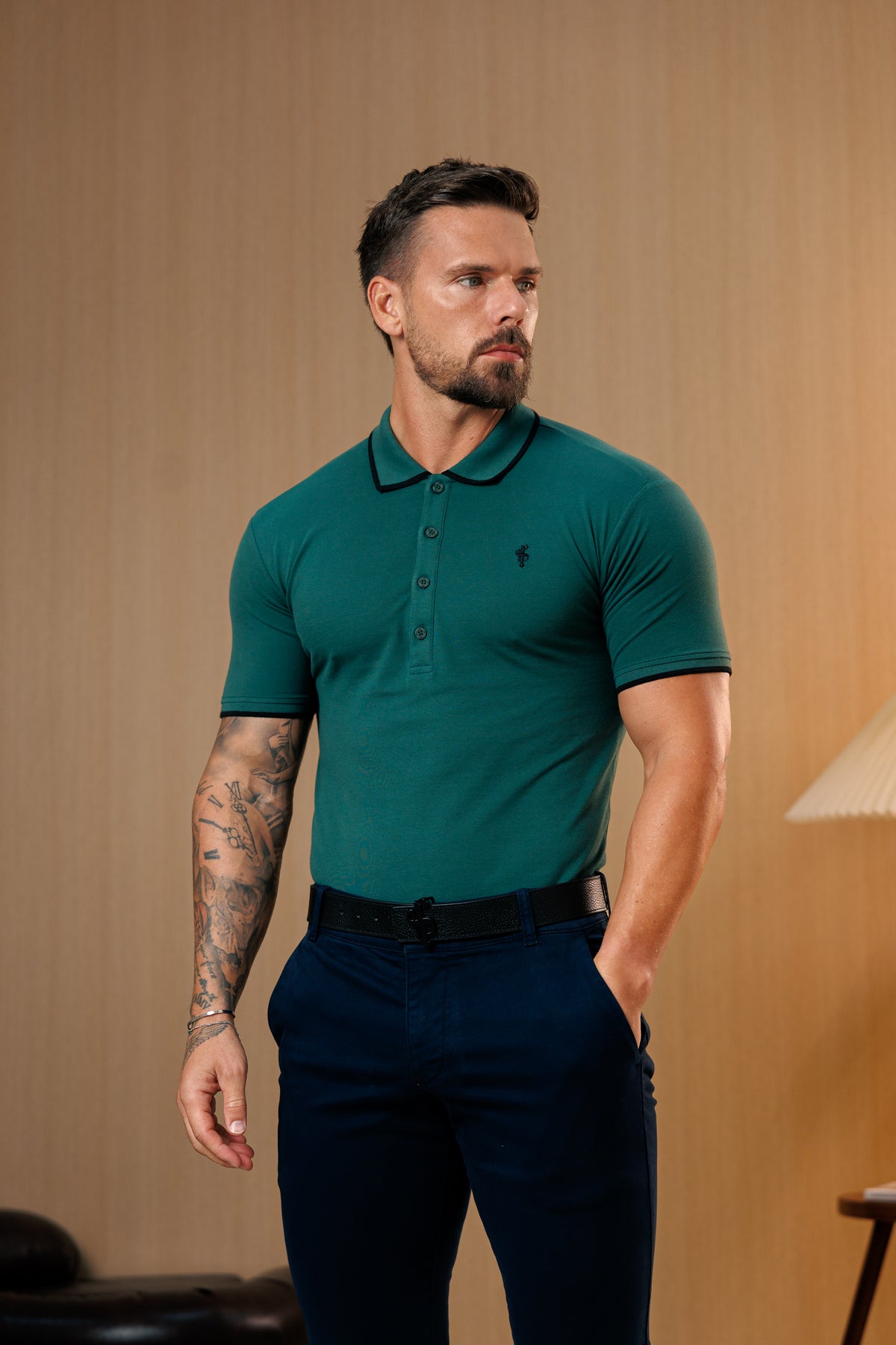 Forest Green / Black Polo Shirt With Contrast Collar and Sleeve - FSH1677