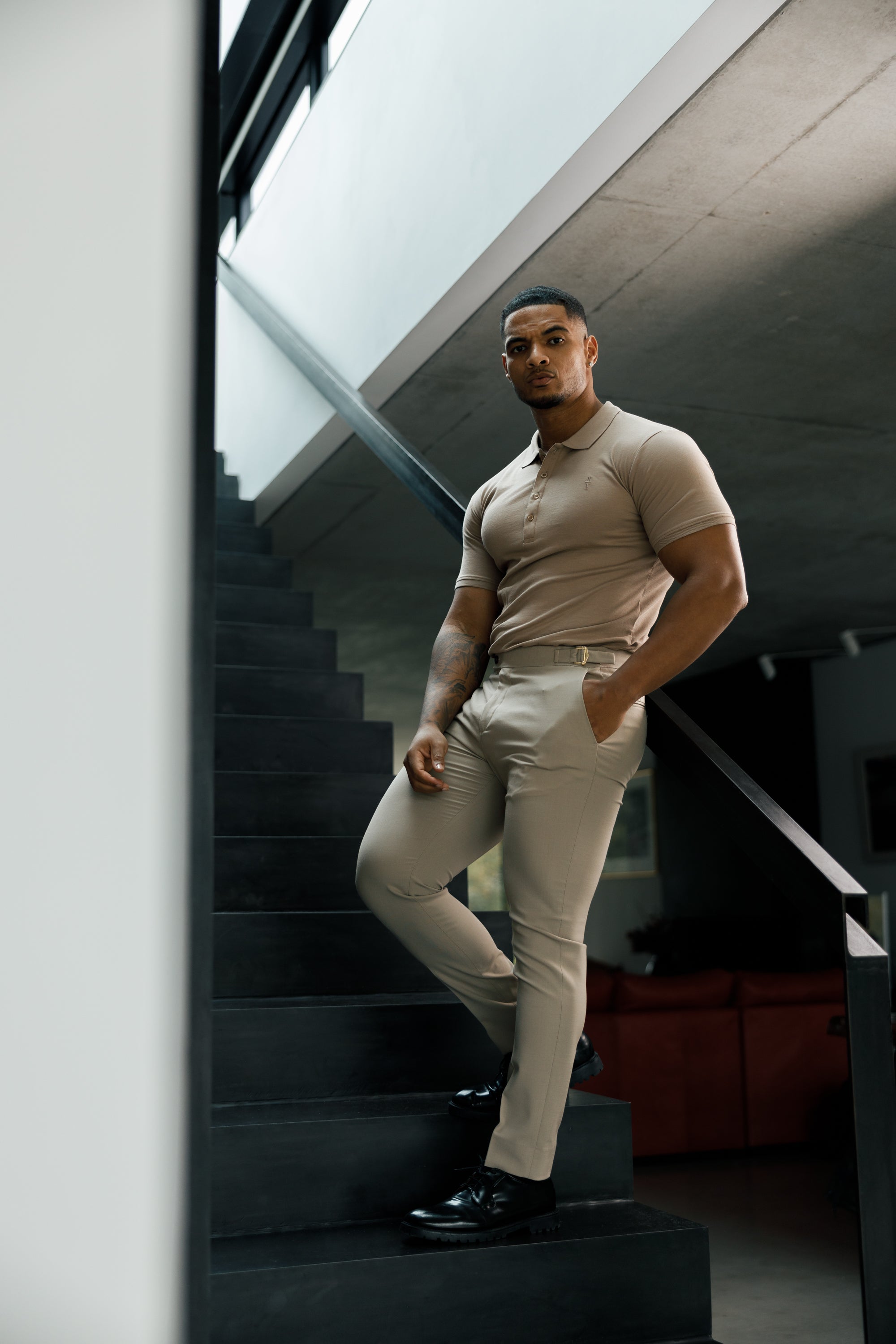 Father Sons Slim Formal Beige Stretch Pants With Gold Waist Adjusters - FST017