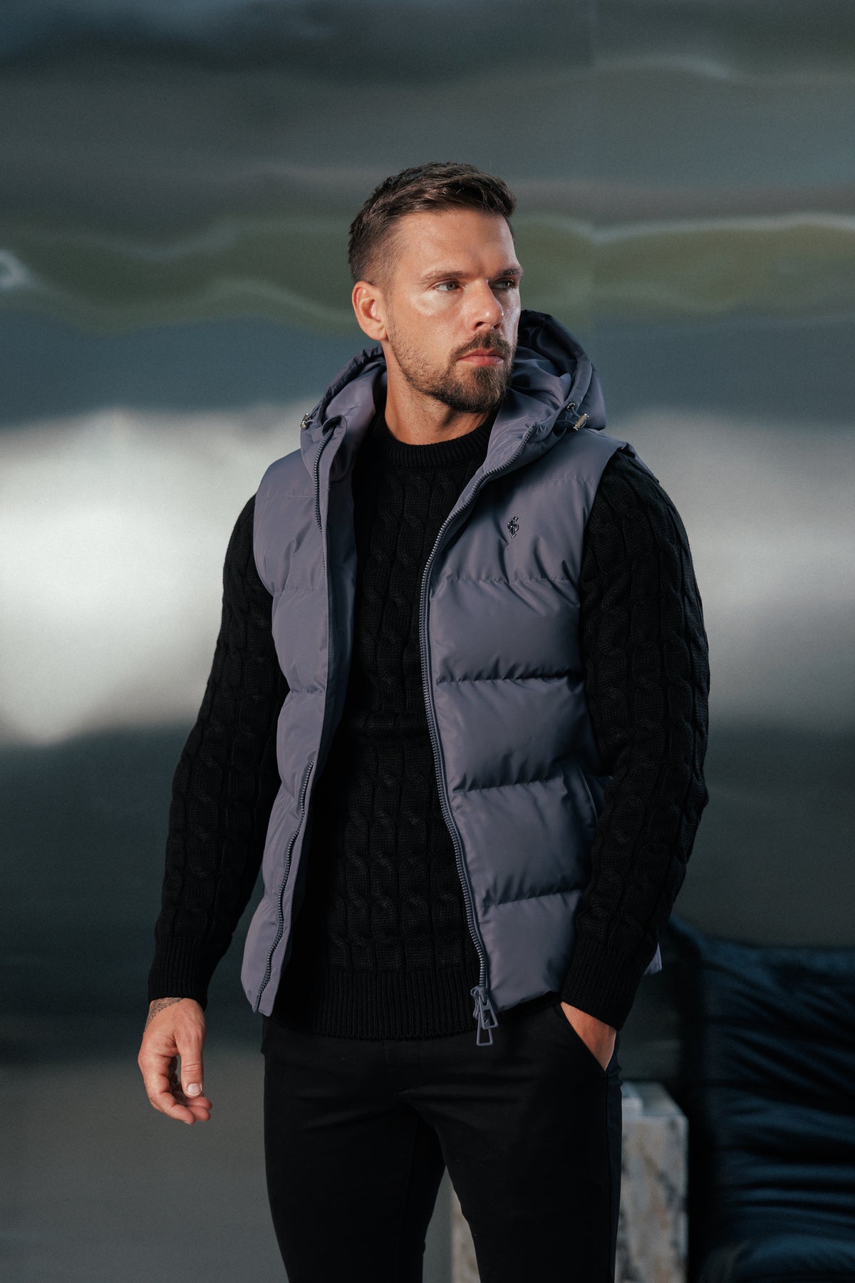 Charcoal Padded Hooded Gilet - FSN241