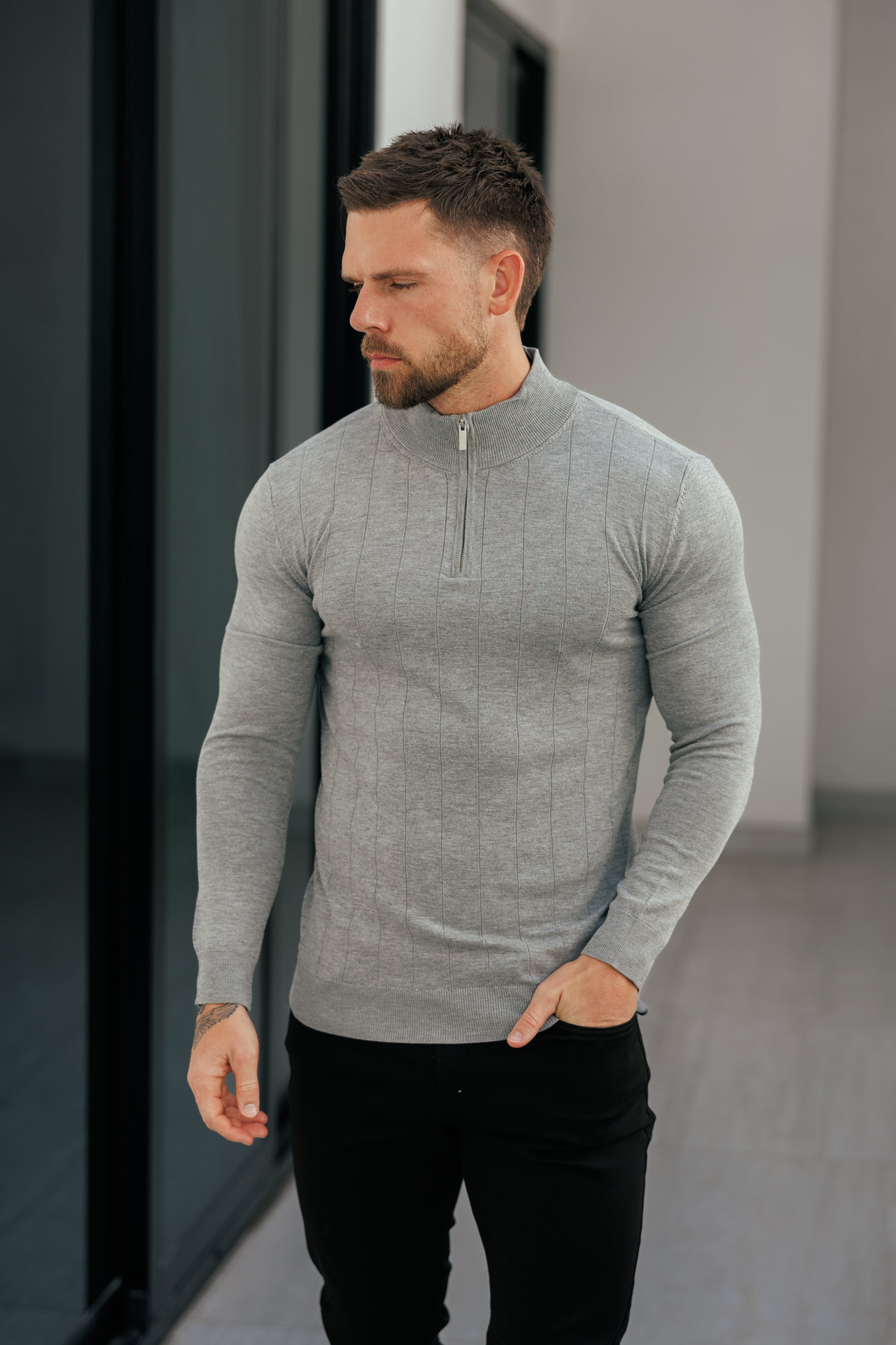 Self Stripe 1/4 Zip Funnel Neck Knit Jumper Light Charcoal Long Sleeve  -  FSR053