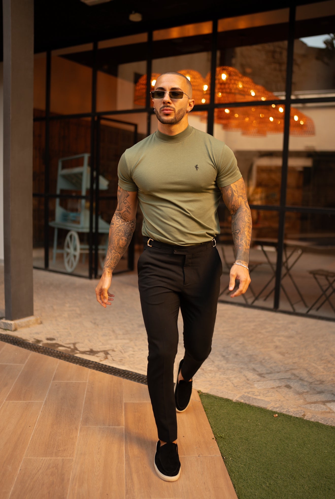 Ribbed High Neck Crew T-Shirt Short Sleeve Khaki / Black - FSH1116