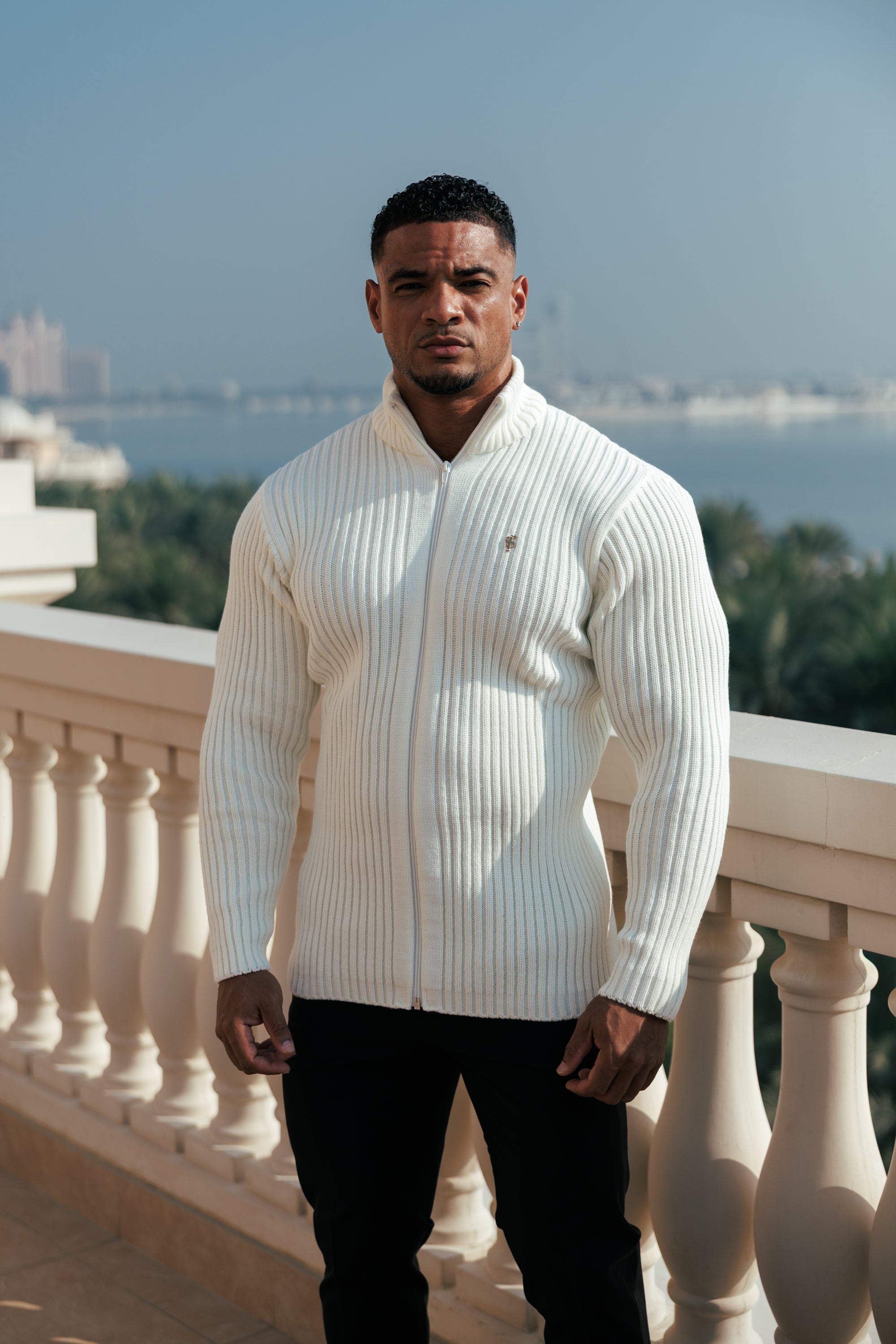 Chunky Cream Ribbed Zipped Cardigan with Gold Emblem- FSJ096