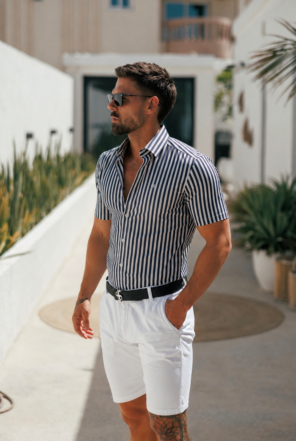 Super Slim Stretch Sateen Touch White / Navy Double Stripe Short Sleeve  -  FS1288 (PRE ORDER 27TH AUGUST)