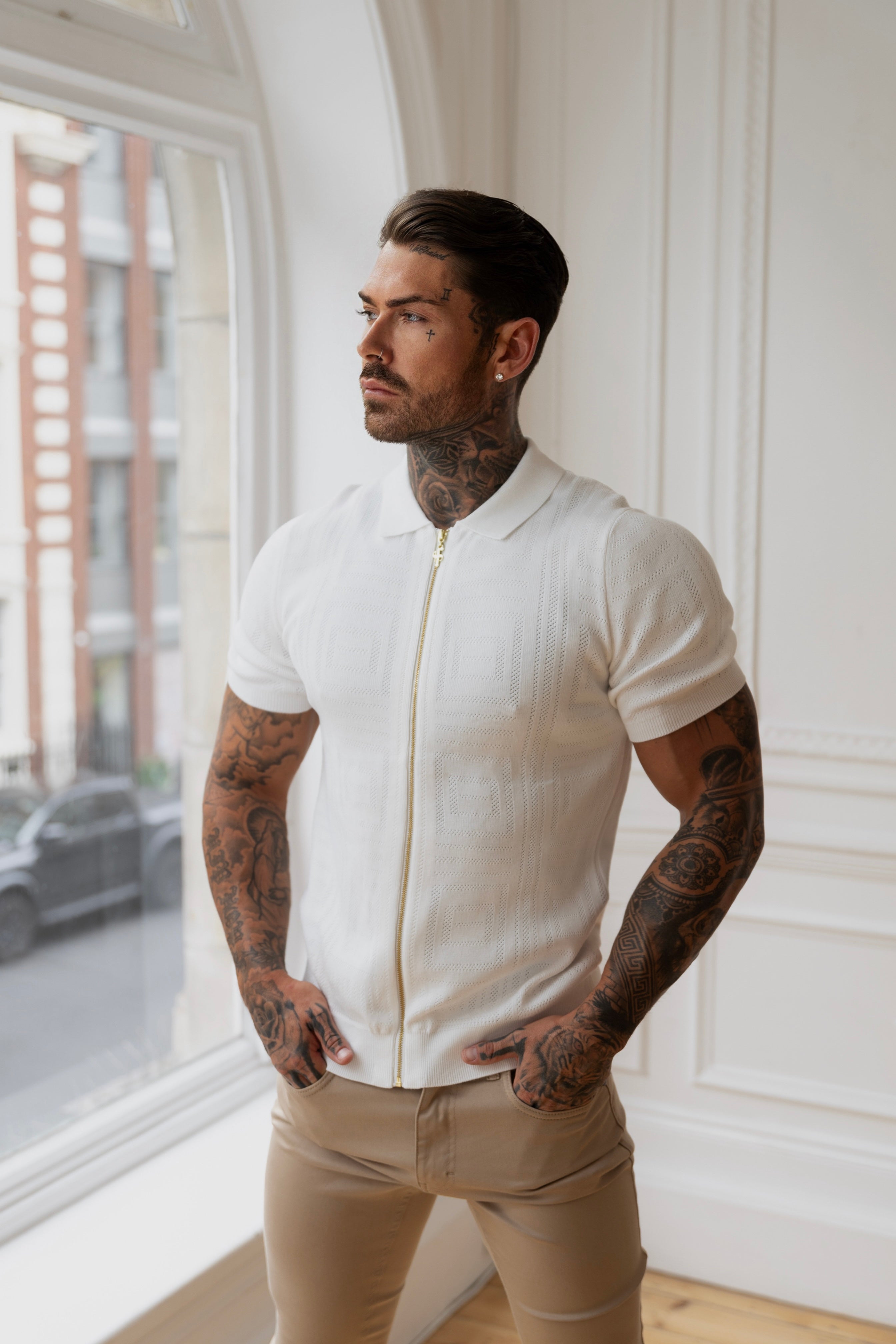Classic Knitted Geo Design With Full Length Zip Off White Short Sleeve - FSN148
