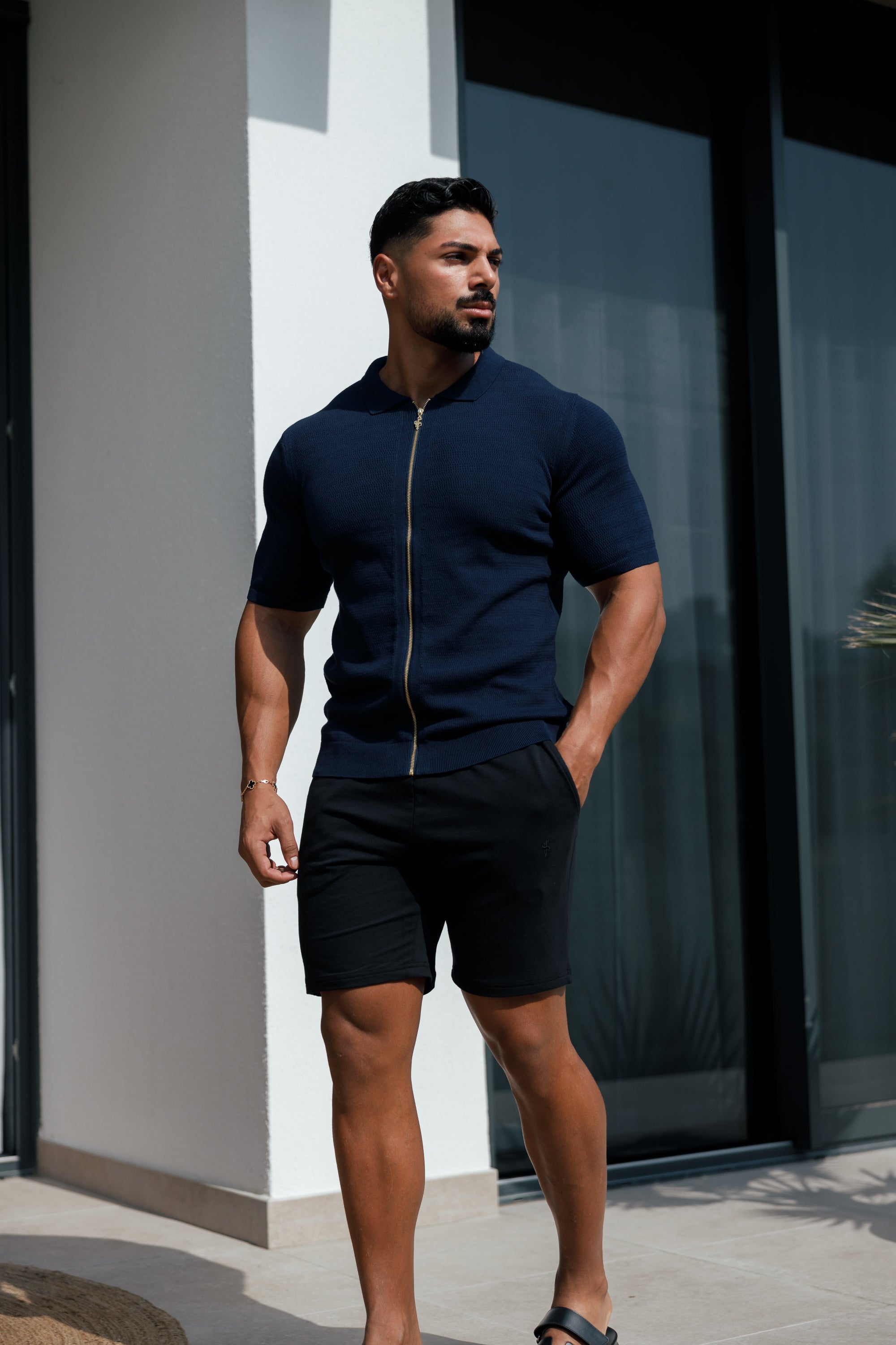 Classic Knitted Textured Design With Full Length Zip Navy Short Sleeve - FSN153