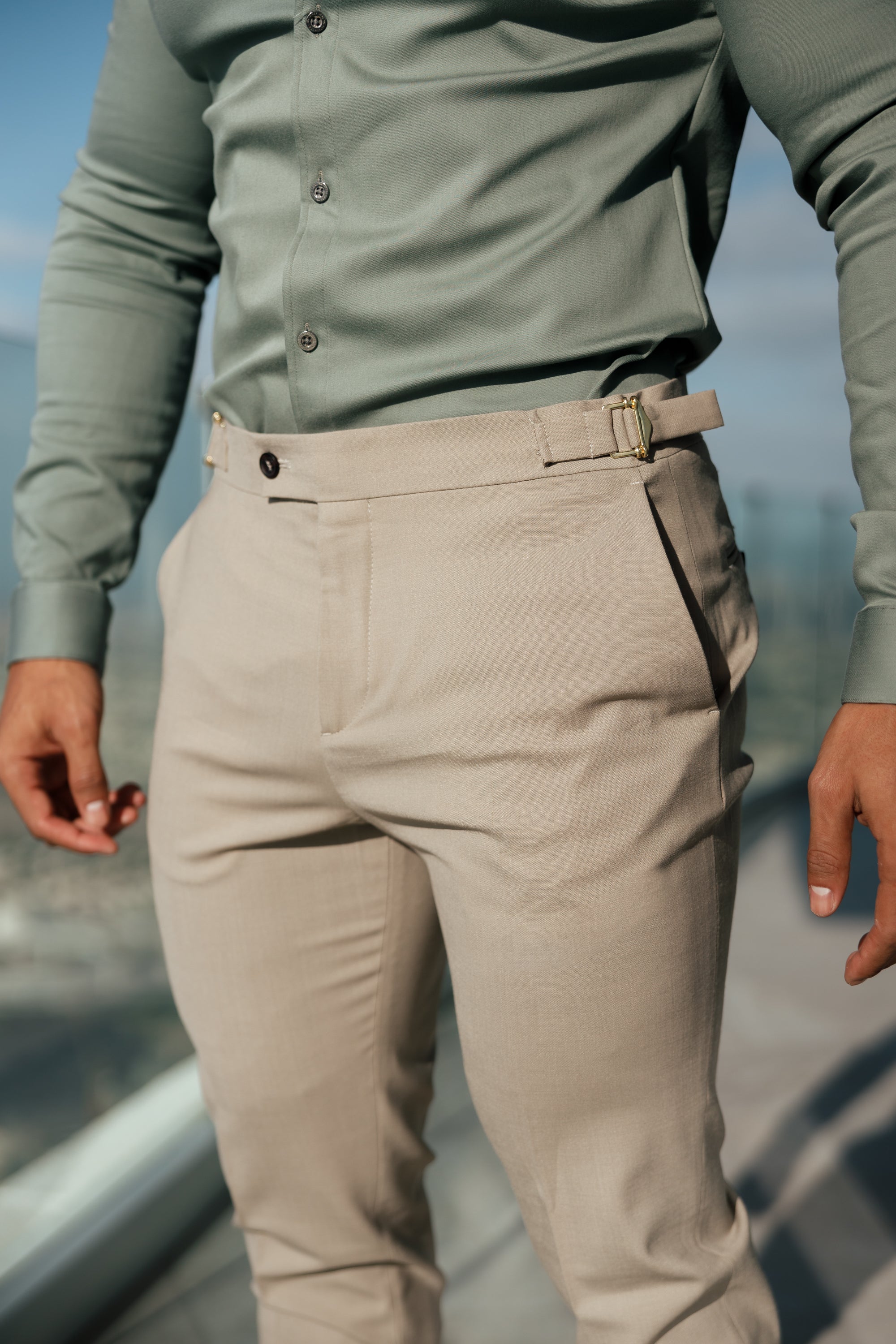 Father Sons Slim Formal Beige Stretch Pants With Gold Waist Adjusters - FST017