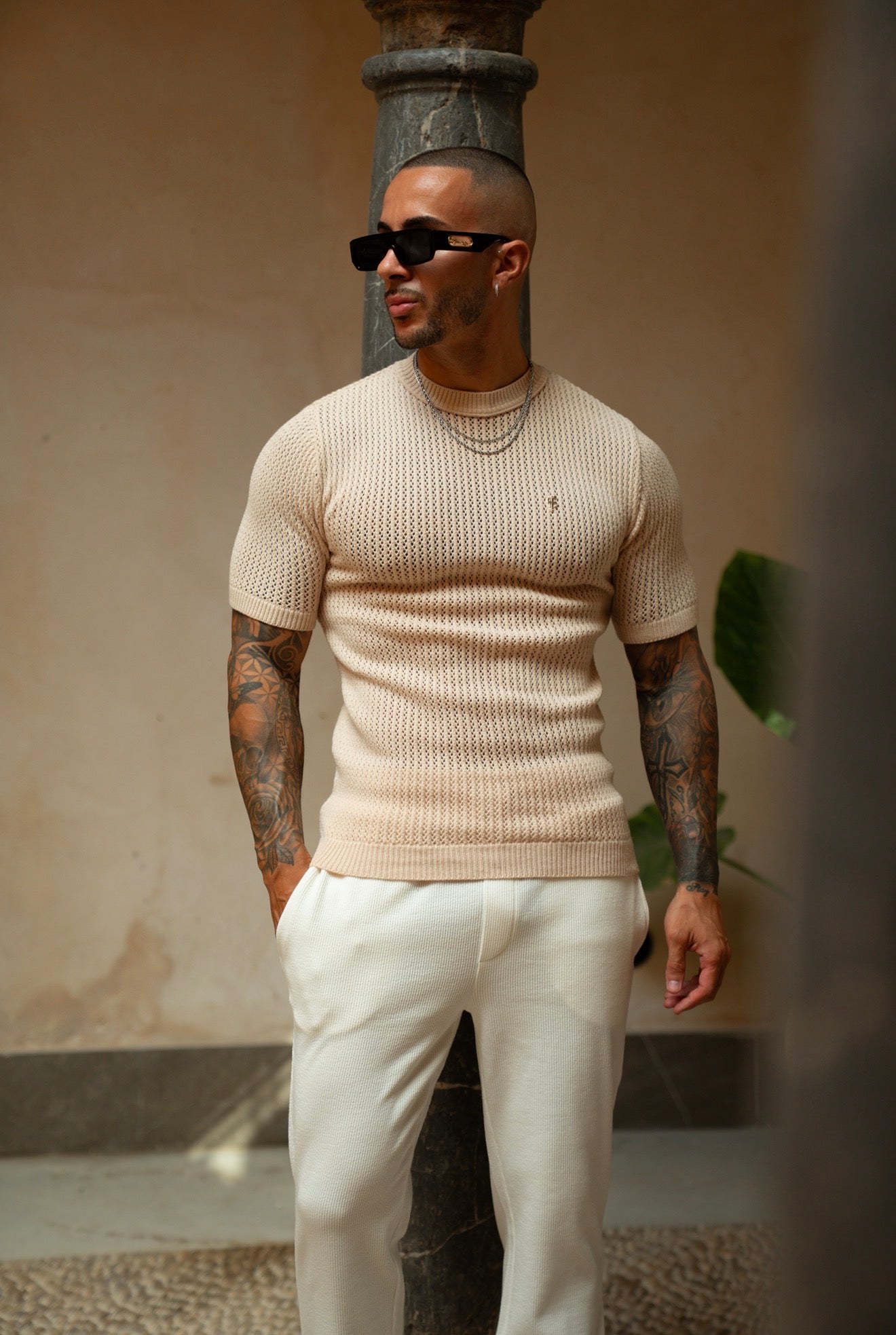 Beige Viscose Plain Knitted Short Sleeve T-Shirt - FSJ186 (PRE ORDER 12TH AUGUST)
