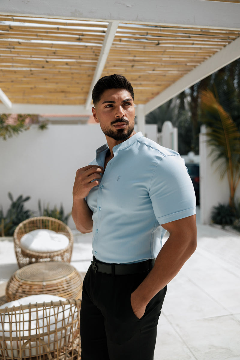Father Sons Super Slim Scuba Light Blue Short Sleeve Stretch With Grandad Collar Shirt - FS1003