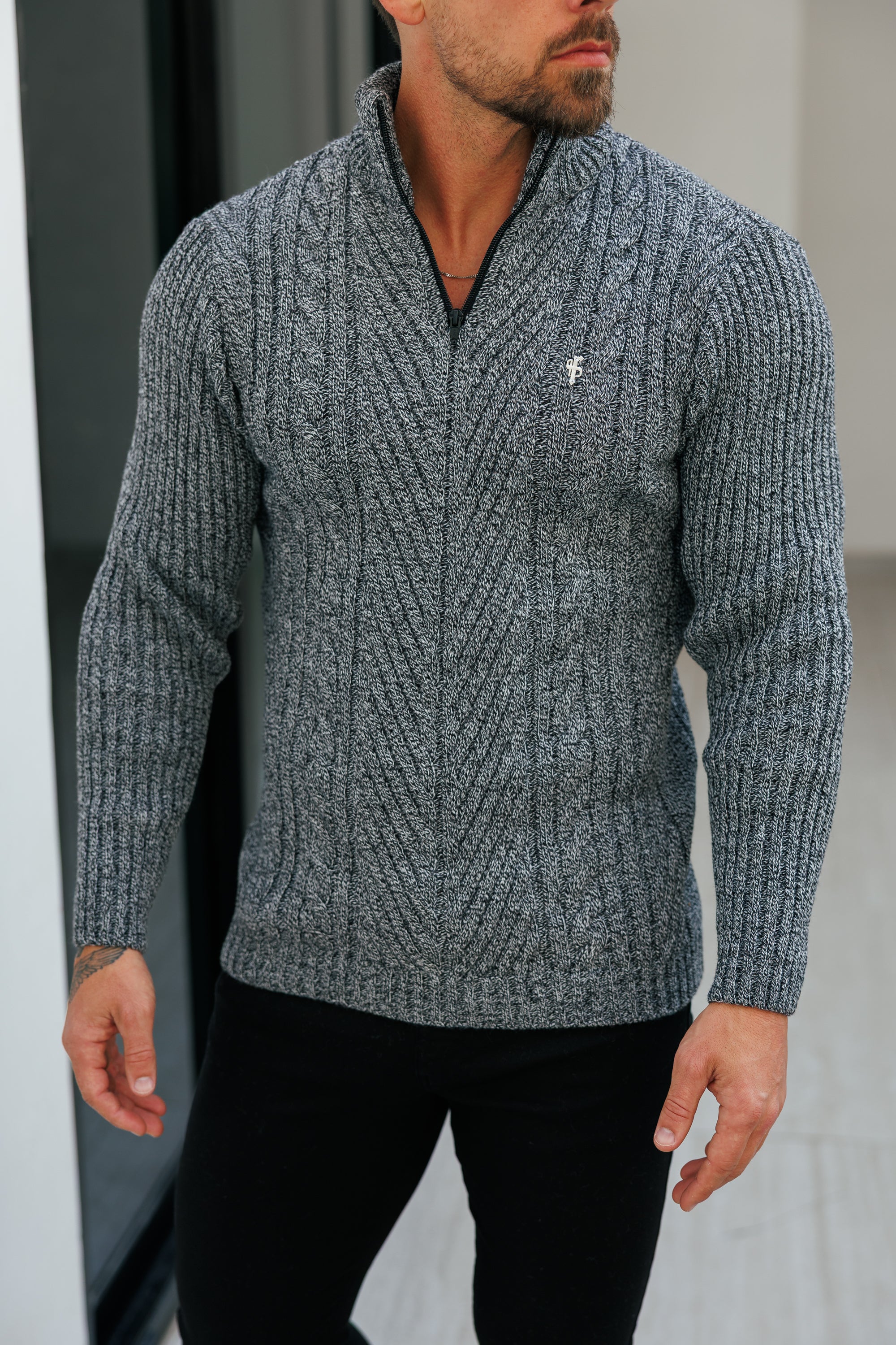 Funnel Neck Jumper with Quarter Zip Black / White Two Tone - FSJ154