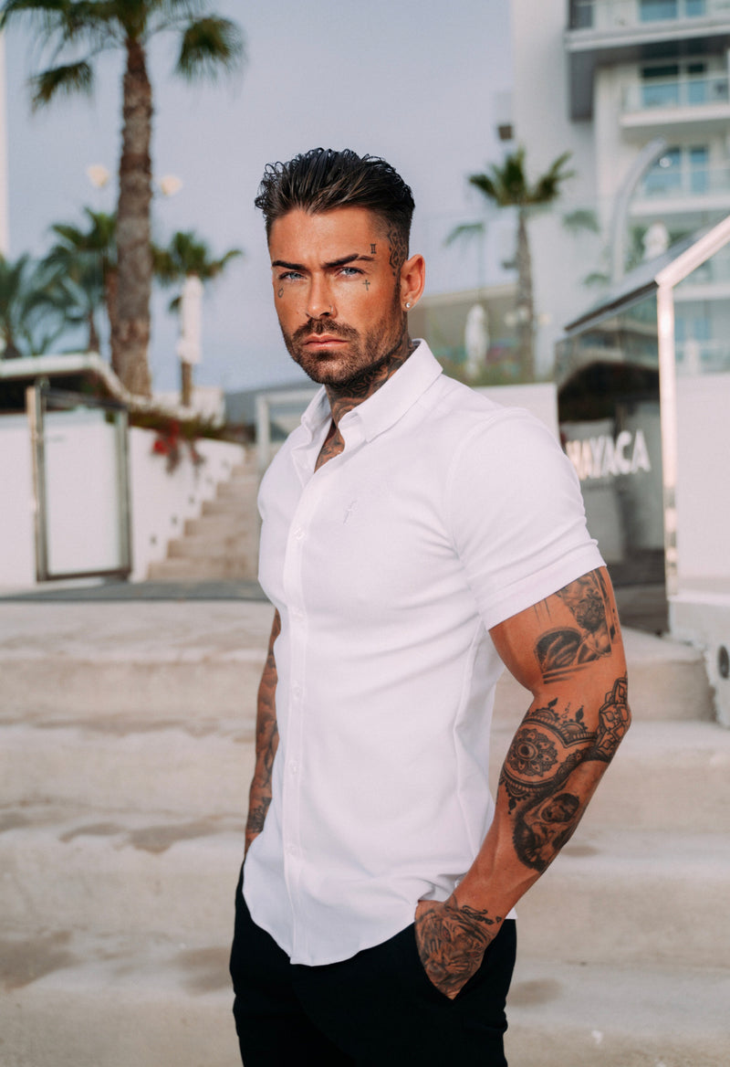 Father Sons Super Slim Stretch White Tonal Buttons and Embroidery Short Sleeve - FS889