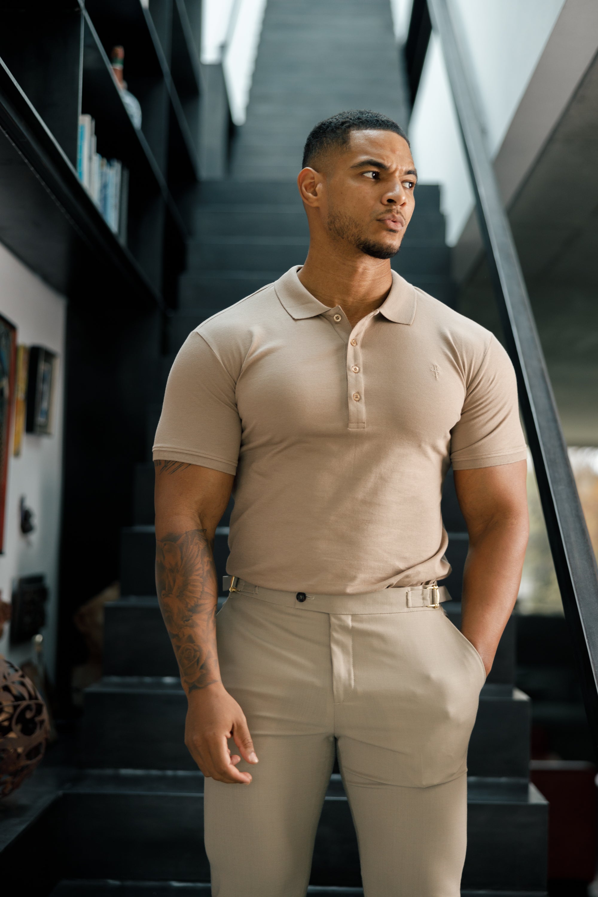 Classic Taupe Polo Shirt with Tonal Button and Embroidery - FSH913