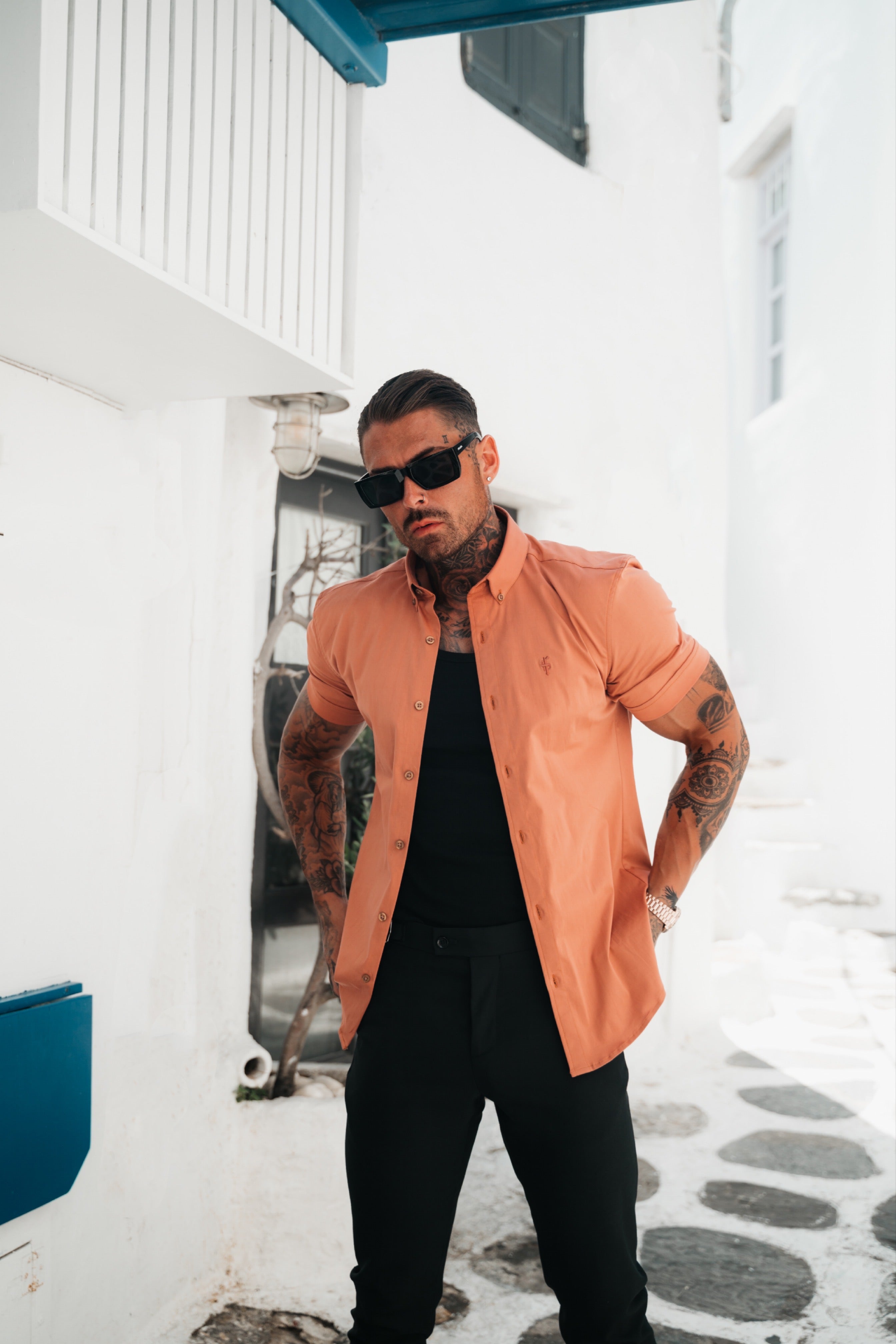 Super Slim Stretch Plain Terracotta Short Sleeve With Button Down Collar - FS984