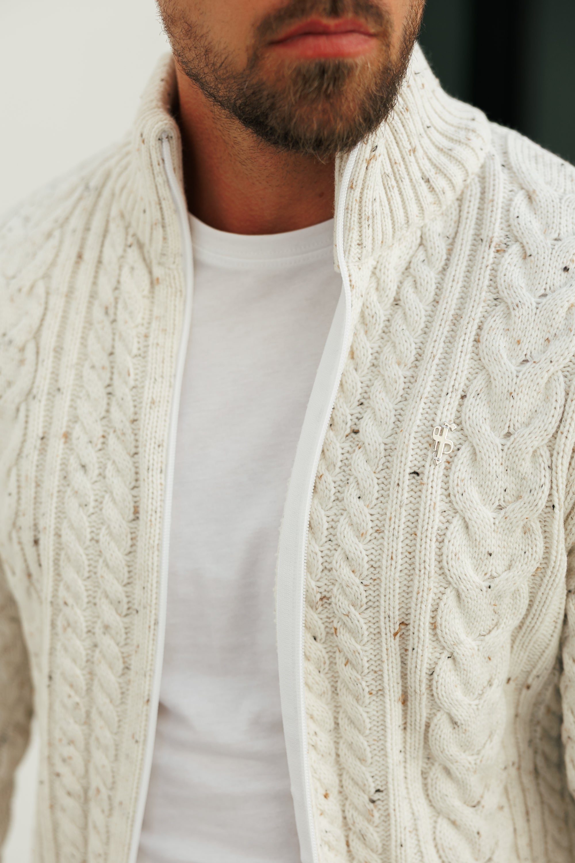 Chunky Zipped Cardigan Beige Fleck -  FSJ148