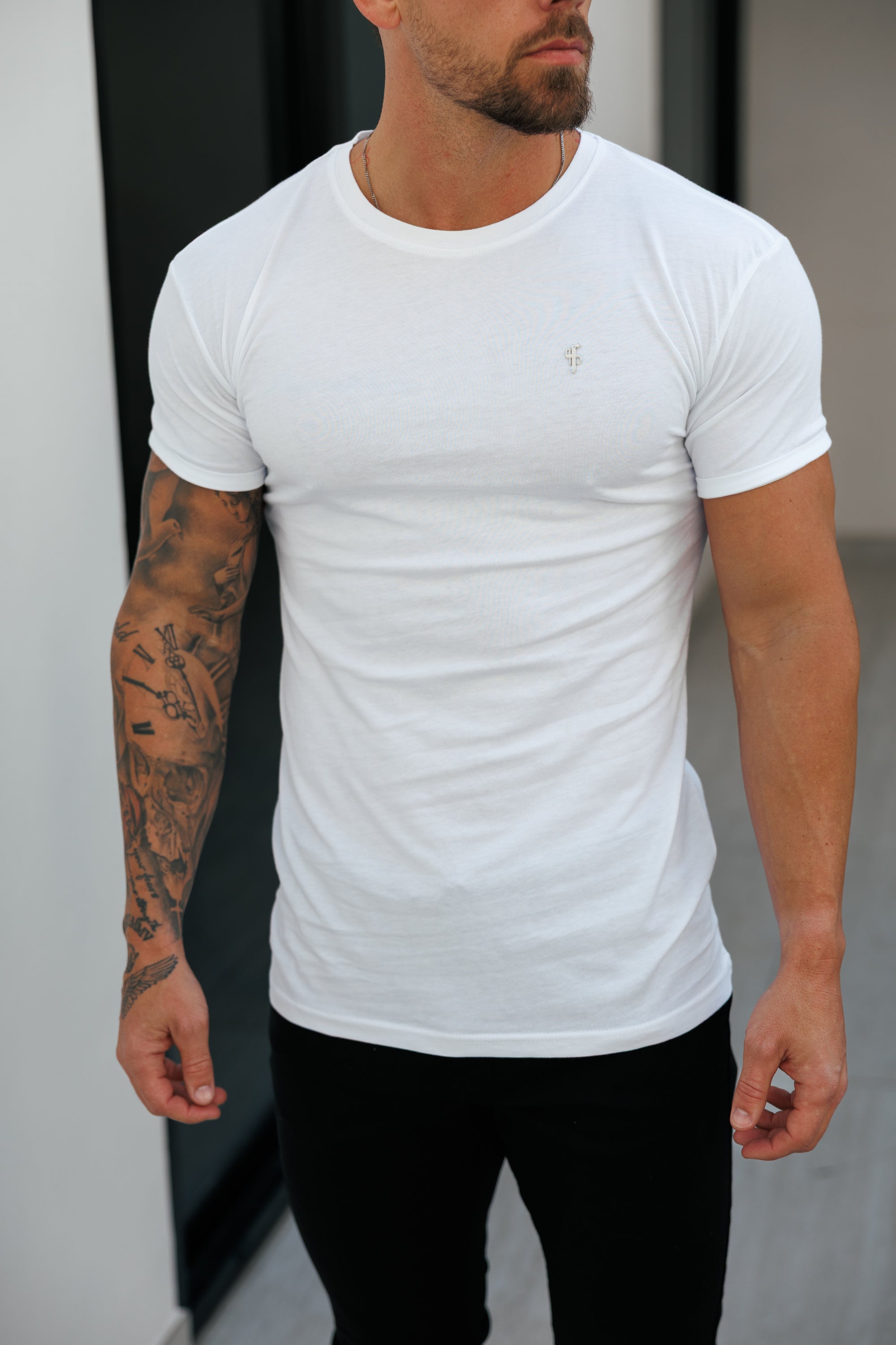 White / Silver Crew T-shirt with Silver Metal Emblem Decal FSH1453