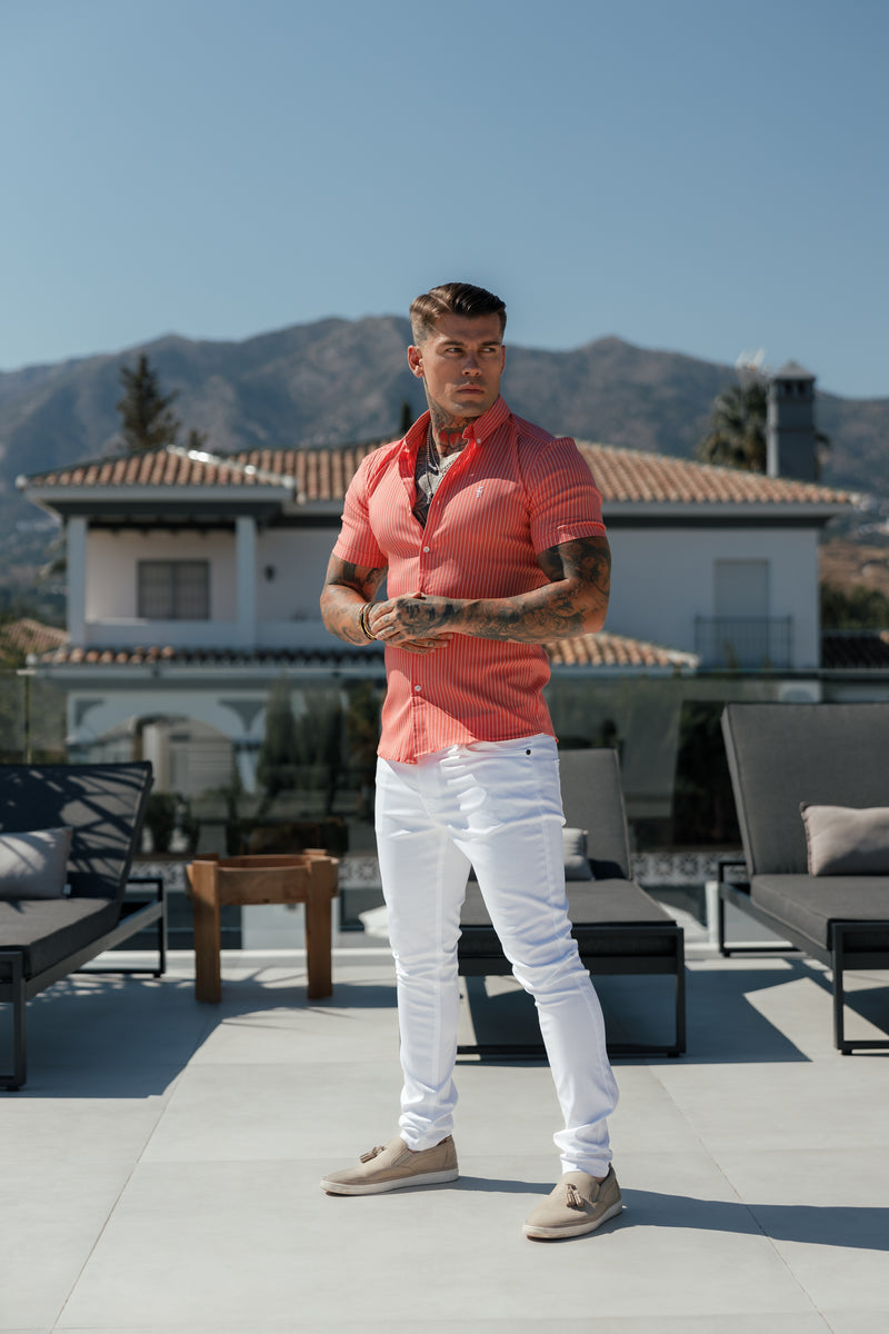 Father Sons Super Slim Stretch Coral Printed Pinstripe Short Sleeve with Button Down Collar - FS1062