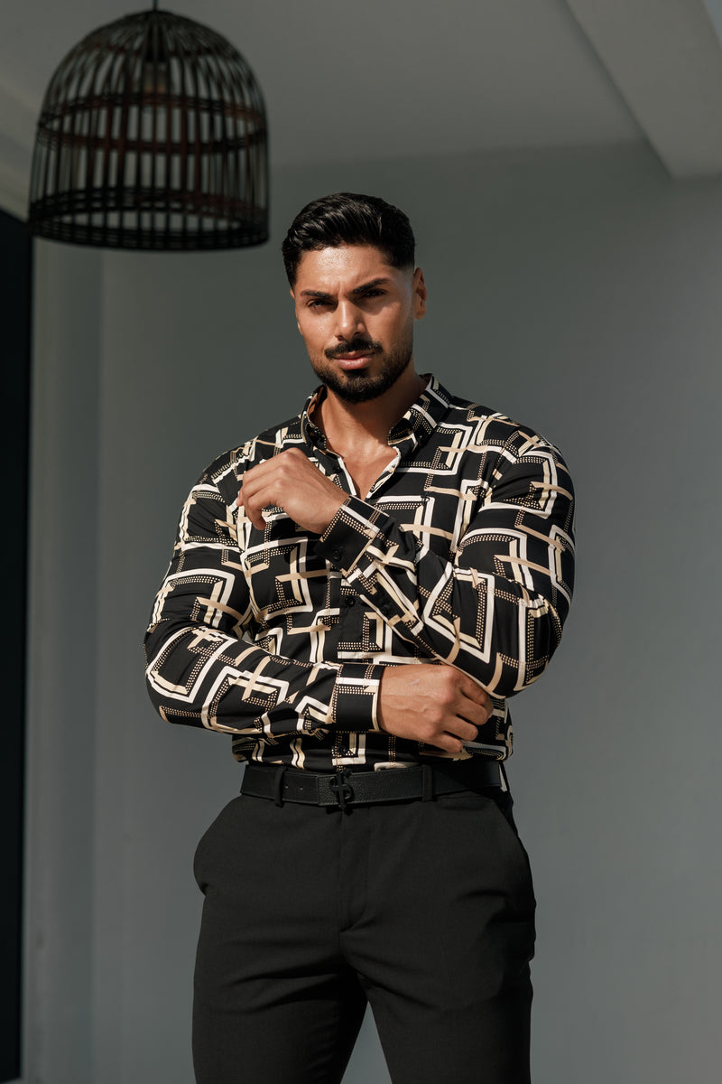 Father Sons Super Slim Stretch Black / Cream Interlinked Square Print Long Sleeve with Button Down Collar - FS850