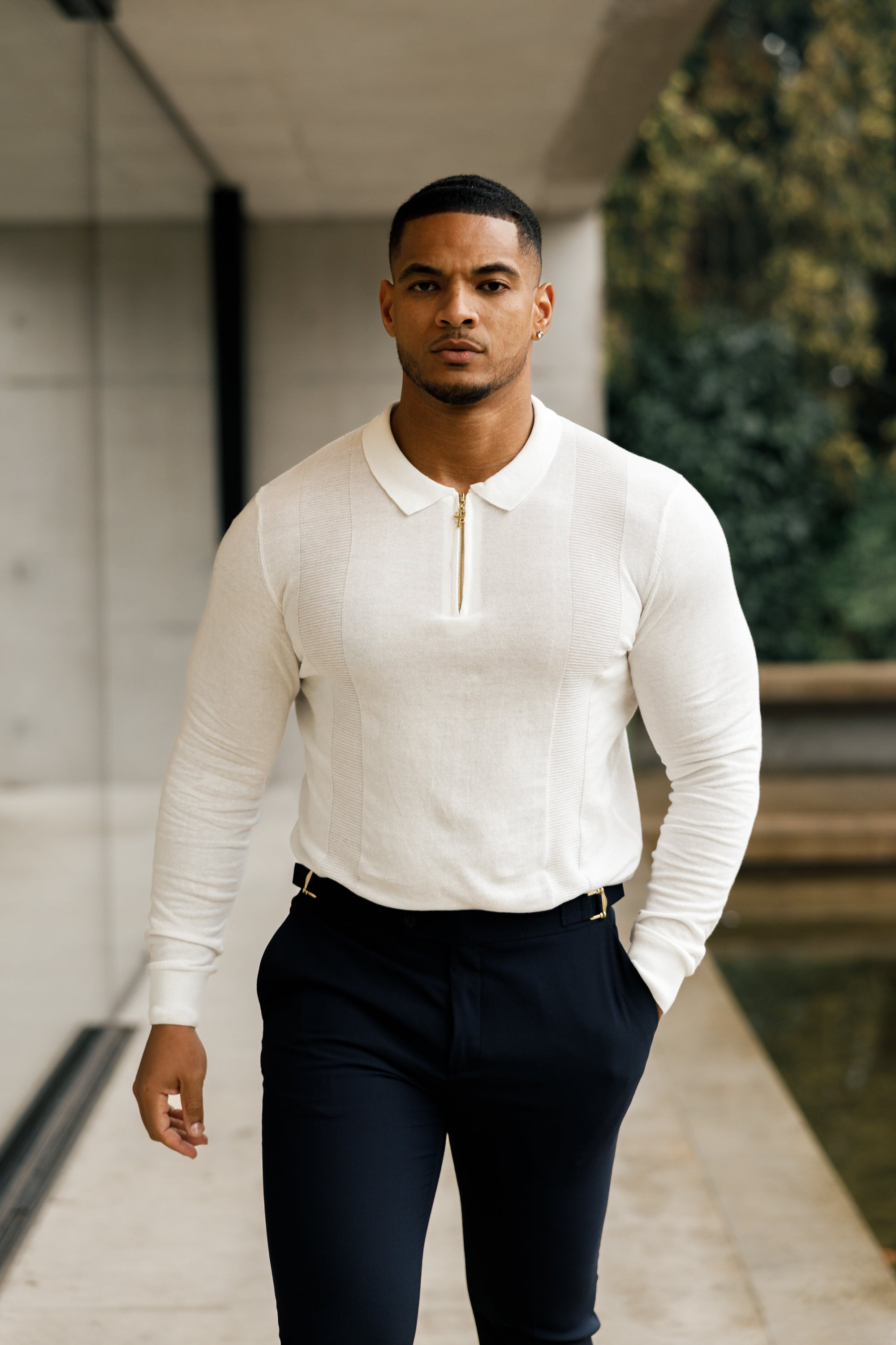 Classic White and Gold Zip Knitted Polo Shirt  Long Sleeve - FSN125