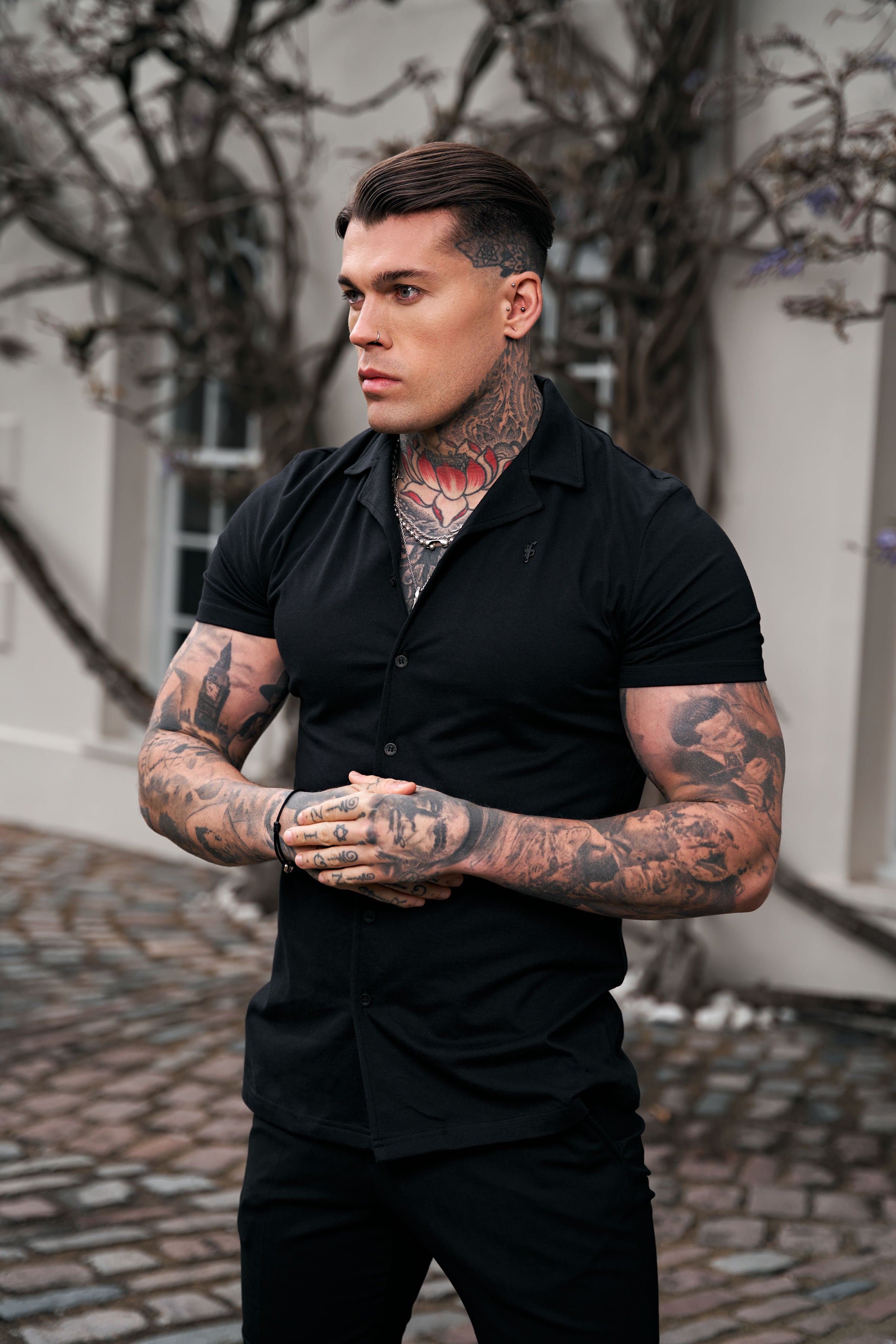 Stretch Black Pique Revere Shirt Short Sleeve - FSH1067