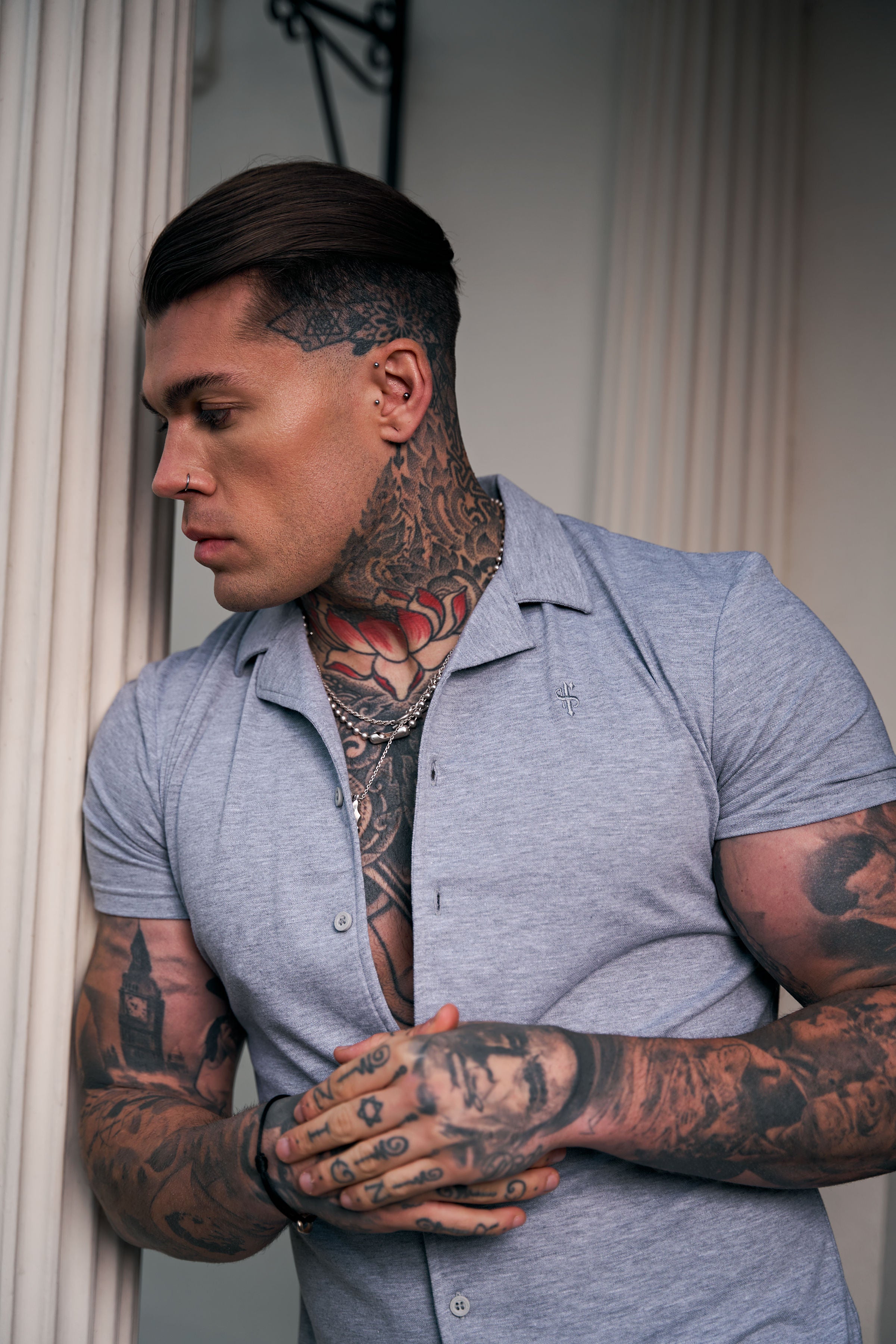 Stretch Light Grey Pique Revere Shirt Short Sleeve - FSH1072