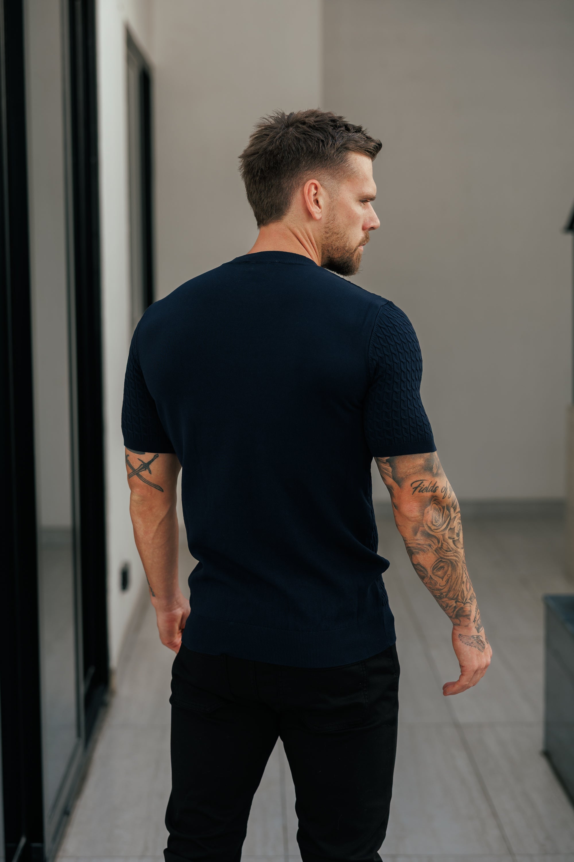 Front Chain Knit Crew Tshirt Navy Short Sleeve  -  FSR054