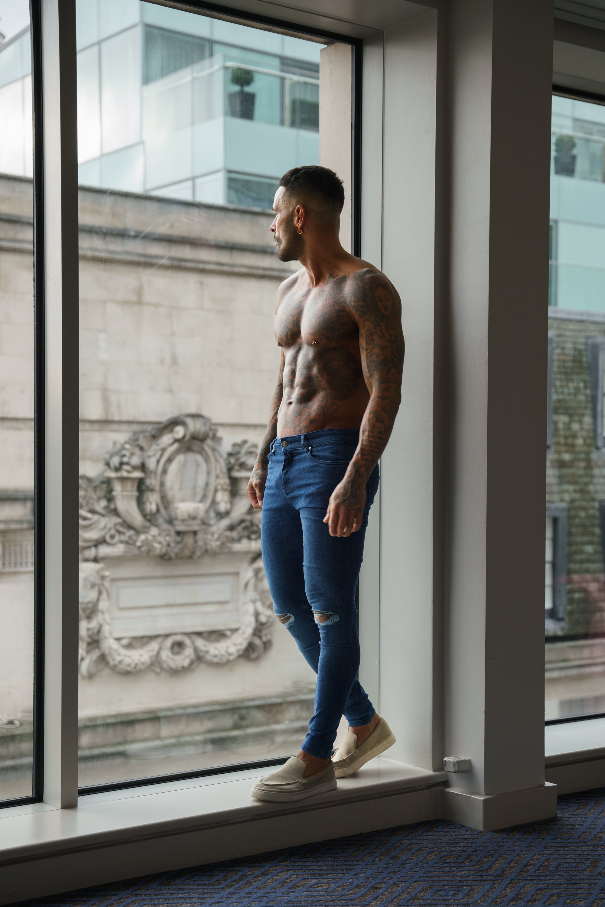 Ultra Stretch Mid Blue Slim Jeans with Knee Rips - FSJEAN011