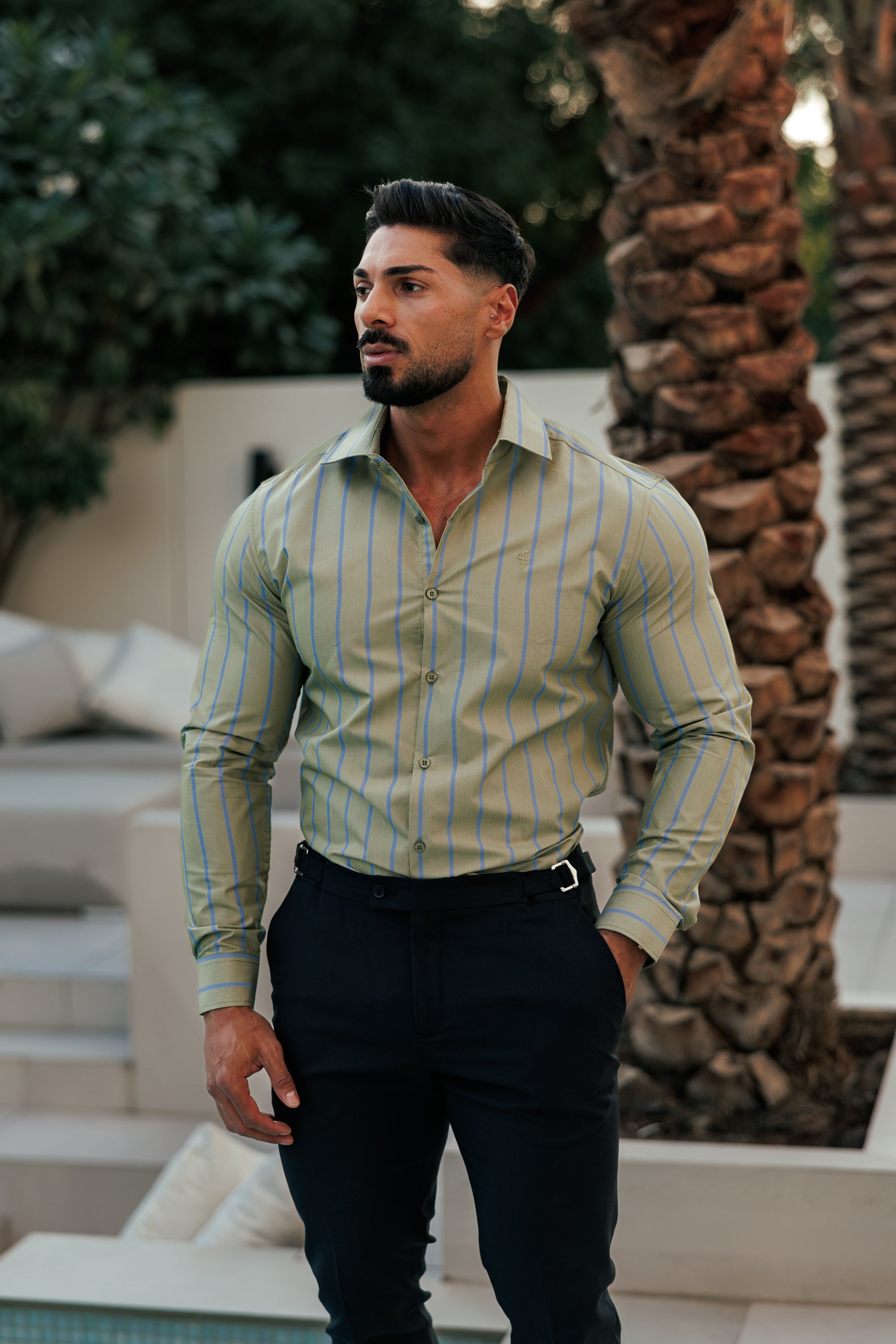 Classic Green / Blue Stripe Long Sleeve with Cutaway Collar - FS1179