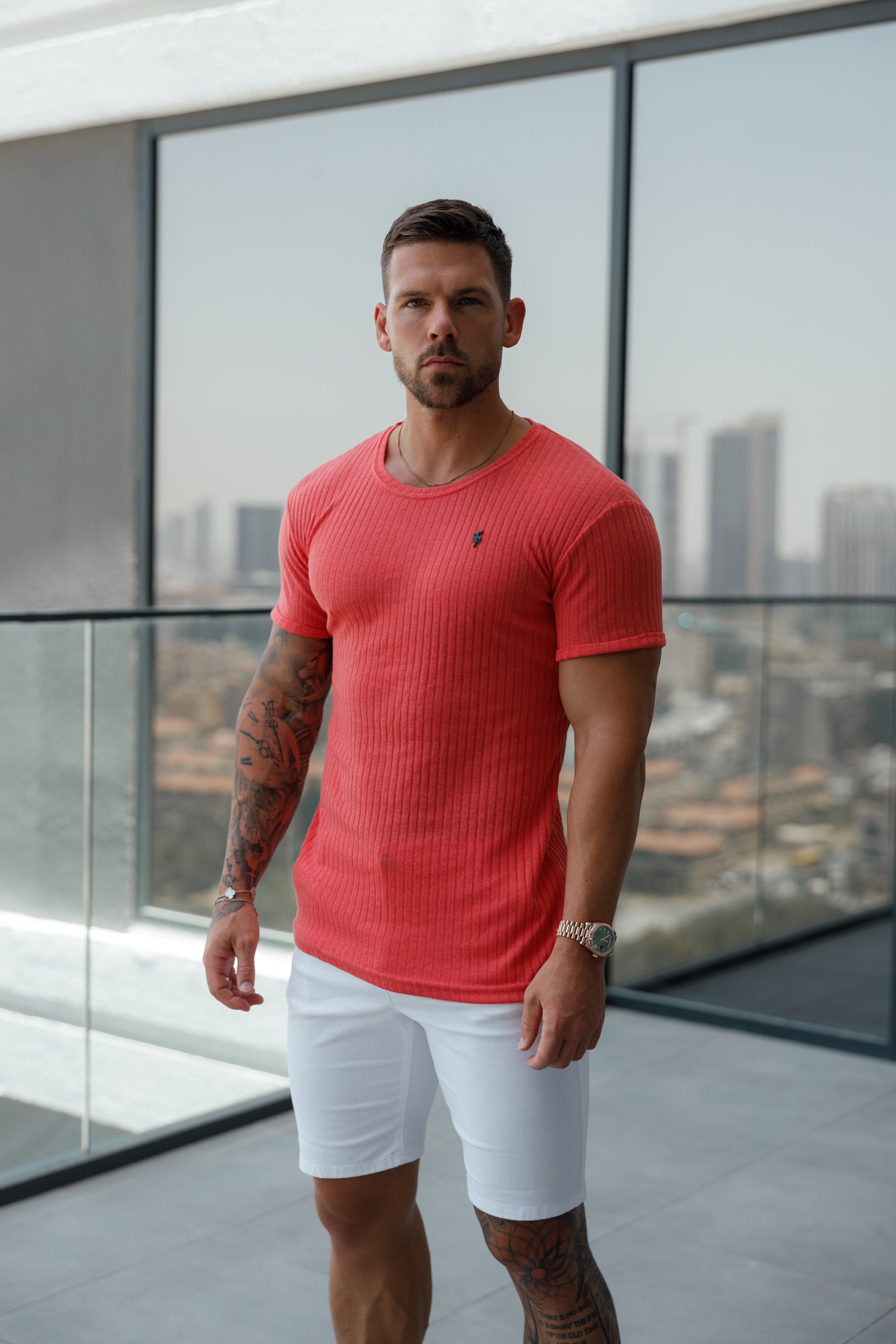 Classic Coral / Black Ribbed Knit Super Slim Short Sleeve Crew - FSH1086
