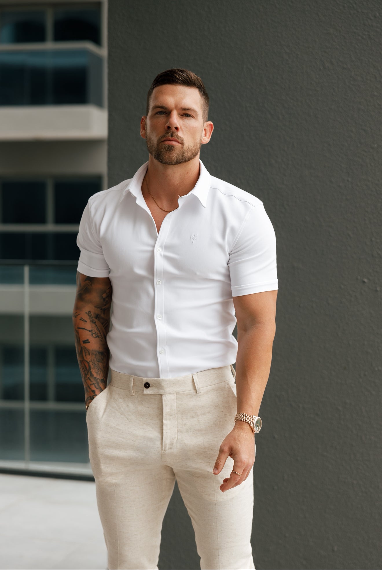 Super Slim Scuba White Short Sleeve Stretch with Cutaway Collar - FS1143