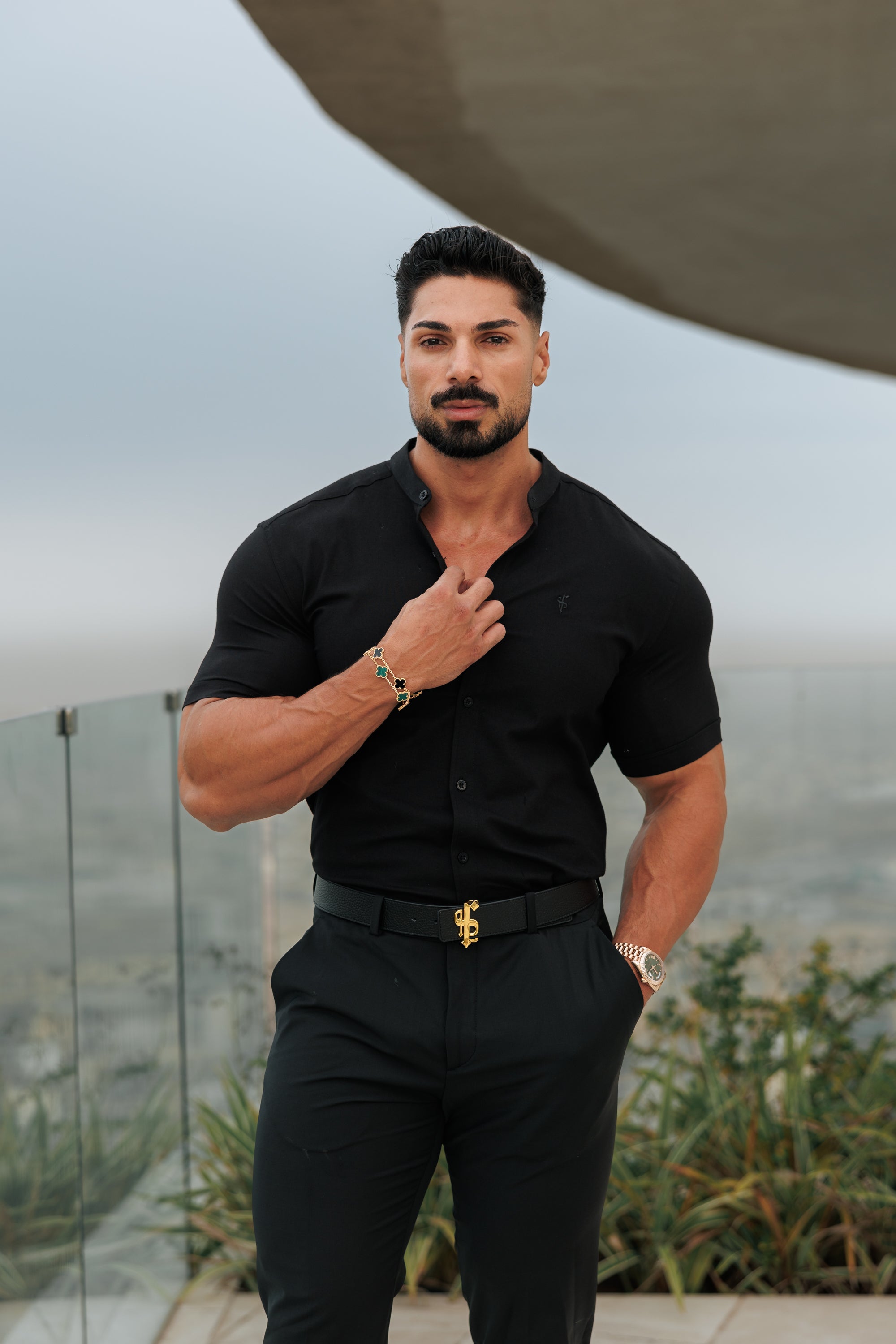 Super Slim Oxford Stretch Classic All Black Grandad Collar Short Sleeve - FS582