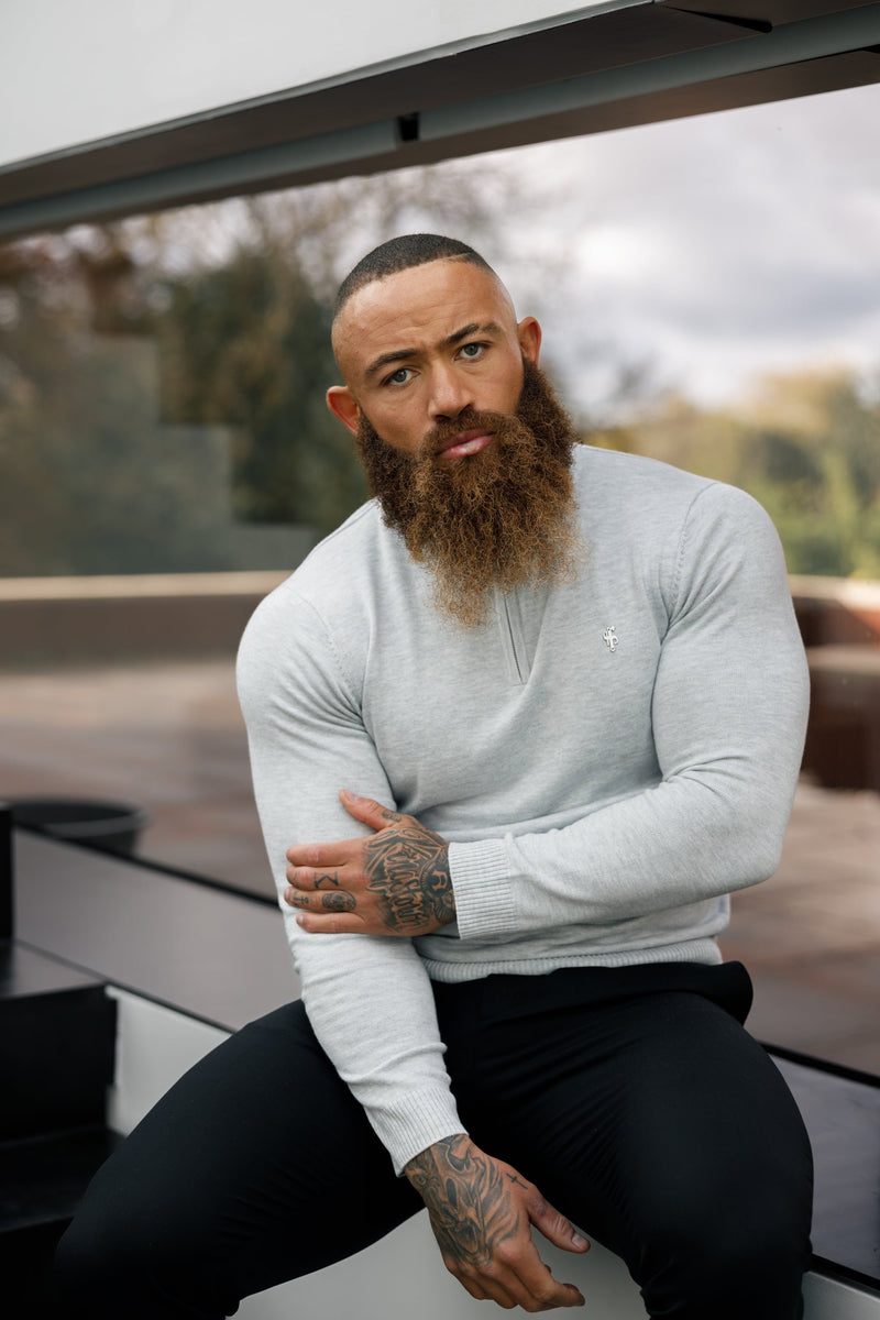 FS Light Grey Funnel Neck Knitted Jumper With FS Branding  - FSN193