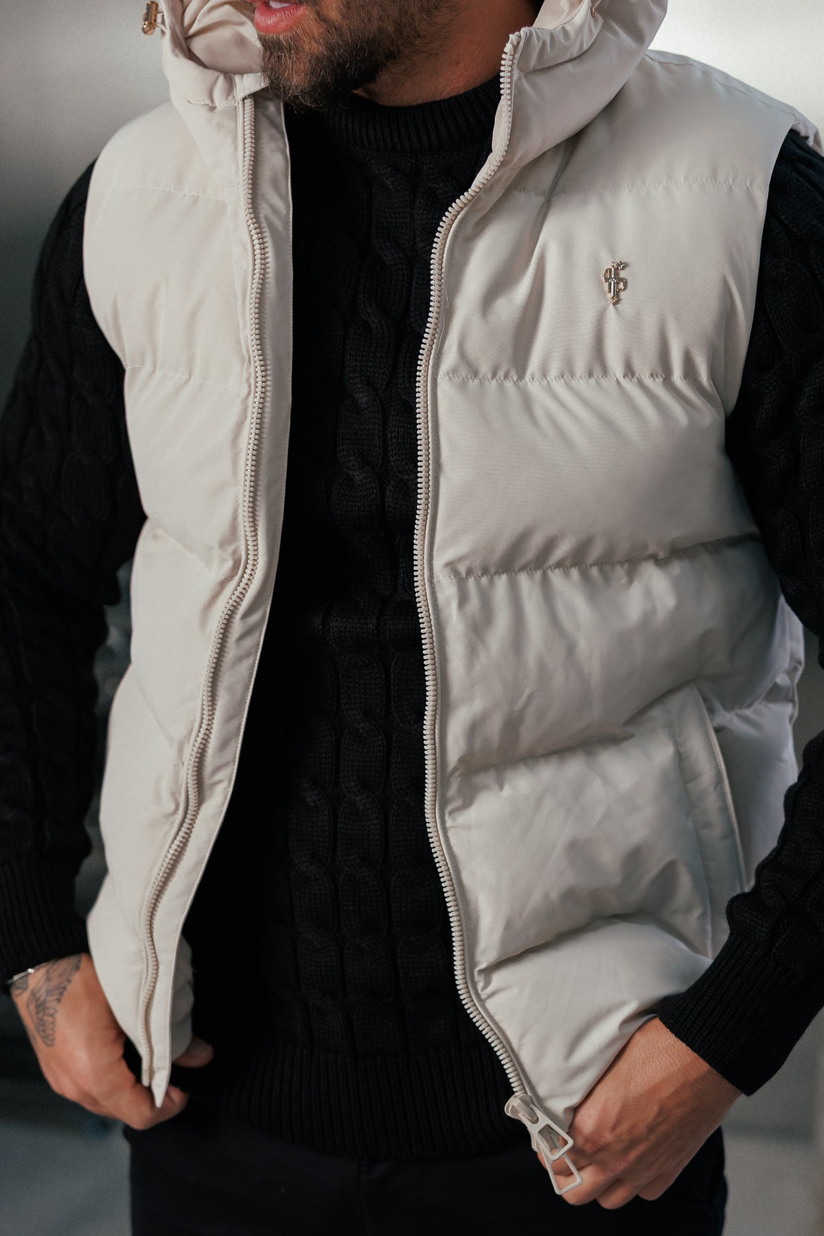 Light Beige Padded Hooded Gilet - FSN243