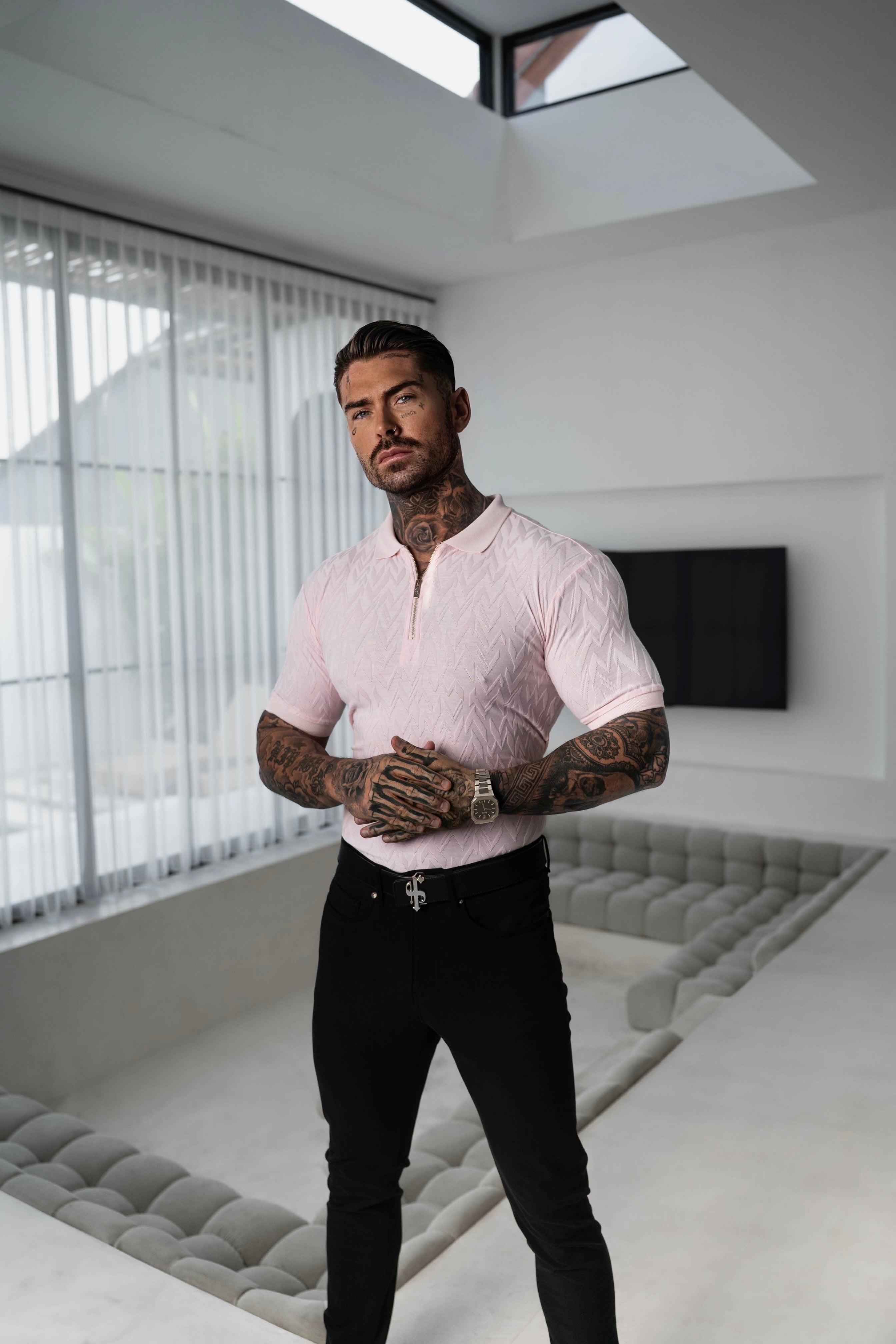 Classic Jacquard Pink Chevron Zipped Polo - FSR022