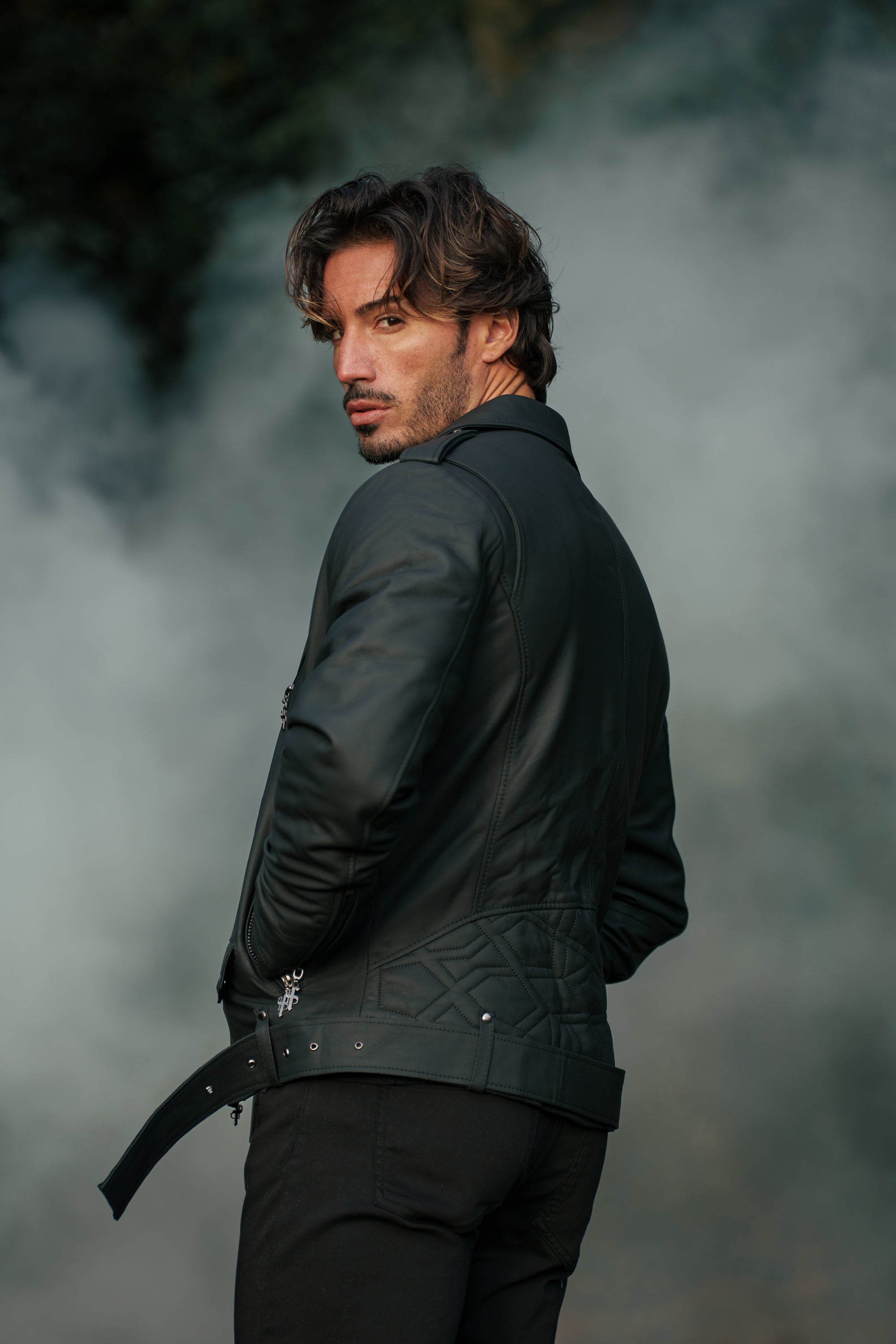 Black Leather Jacket with Belt Detail - FSH313