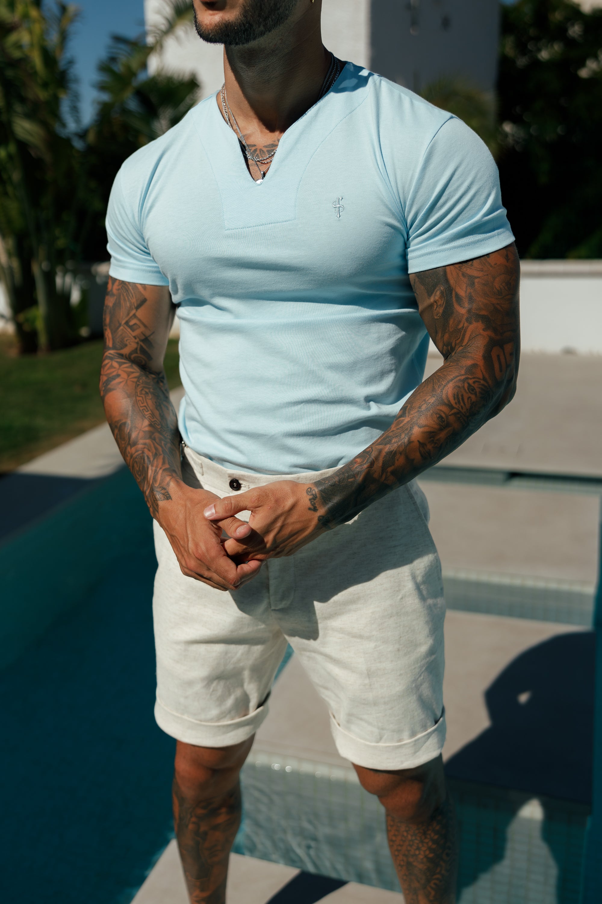 Advanced V Neck Crew Short Sleeve Light Blue- FSH1015