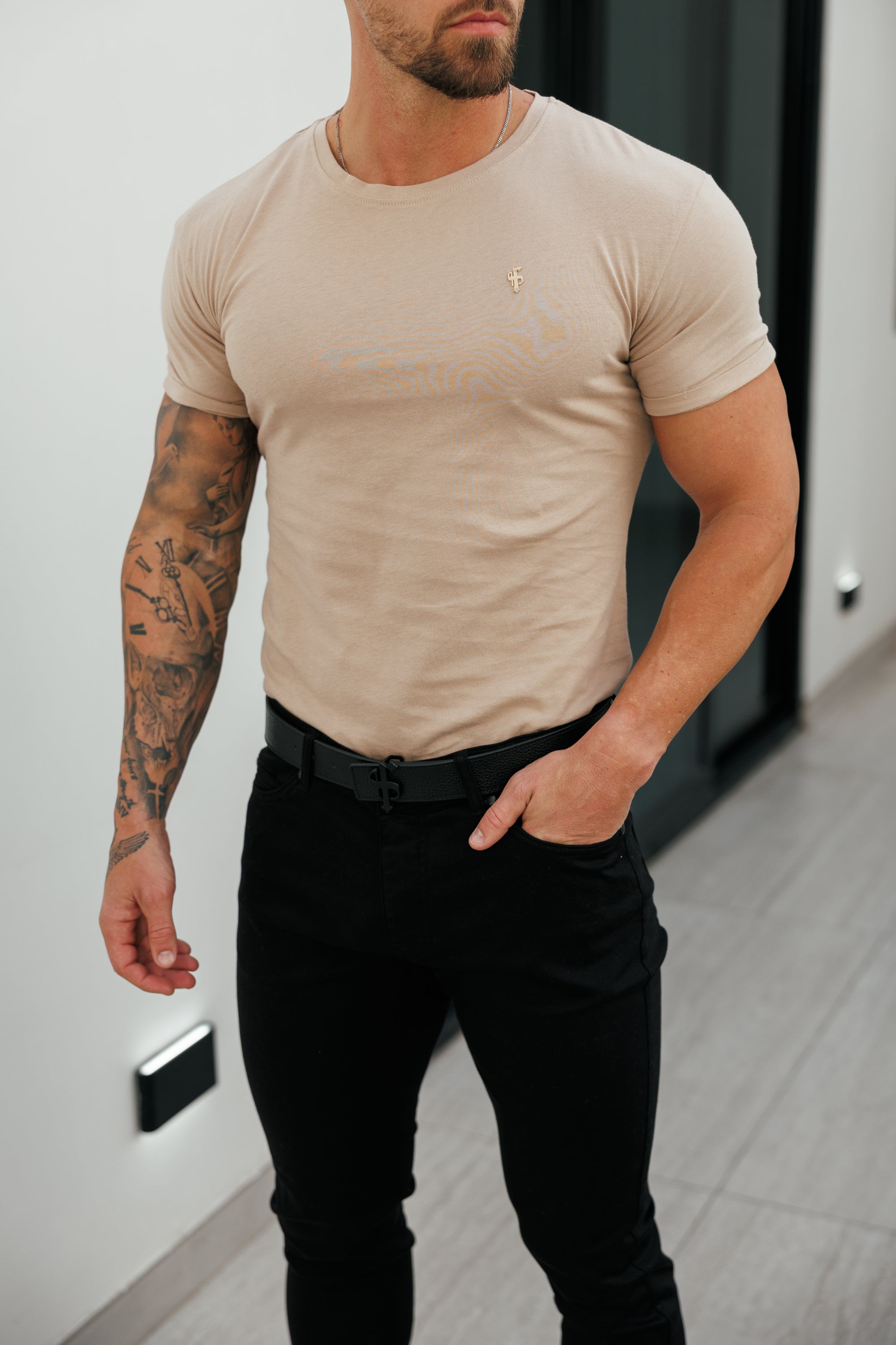 Beige / Gold Crew Tshirt with Gold Metal Emblem Decal FSH1455
