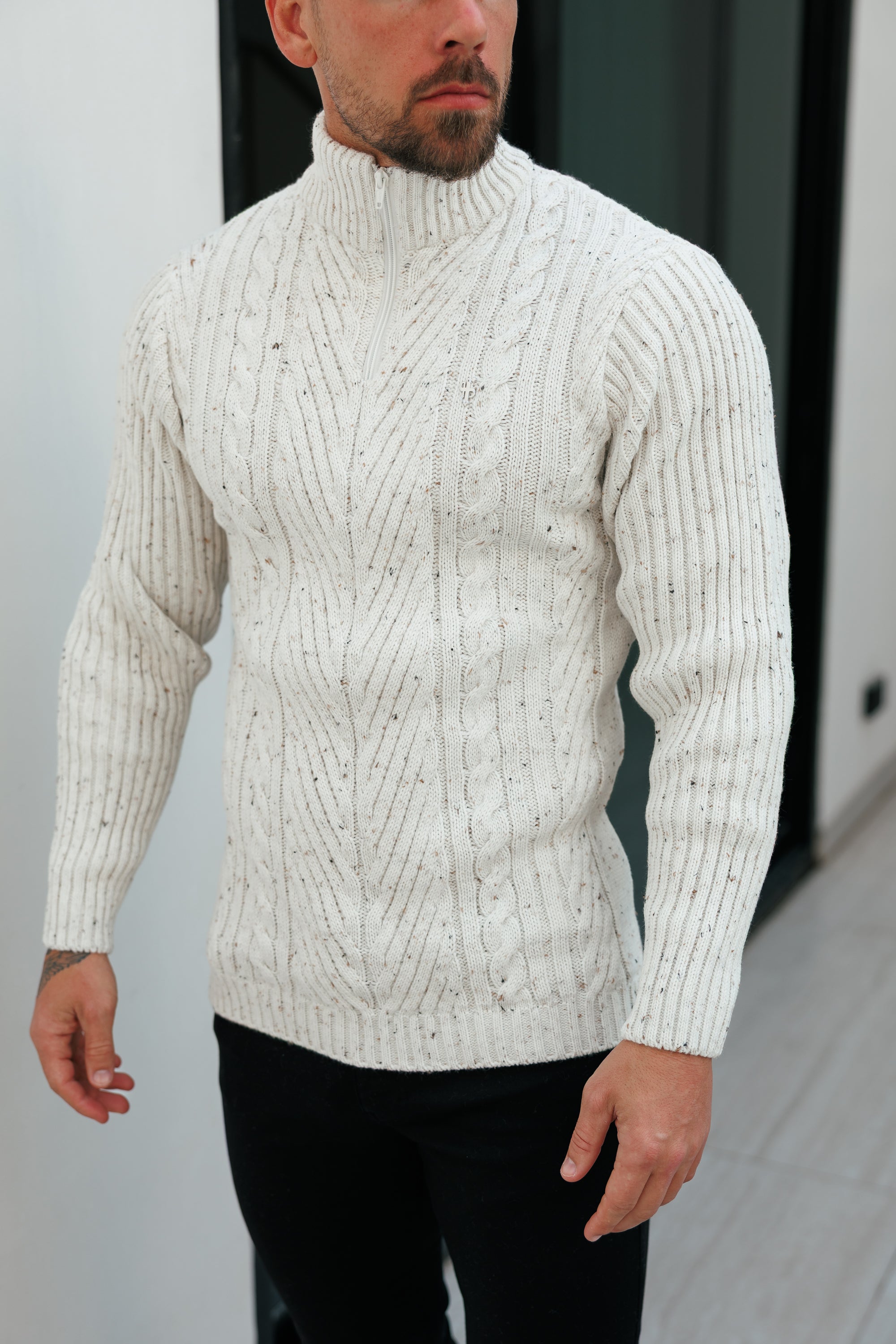 Funnel Neck Jumper with Quarter Zip Beige Fleck - FSJ156