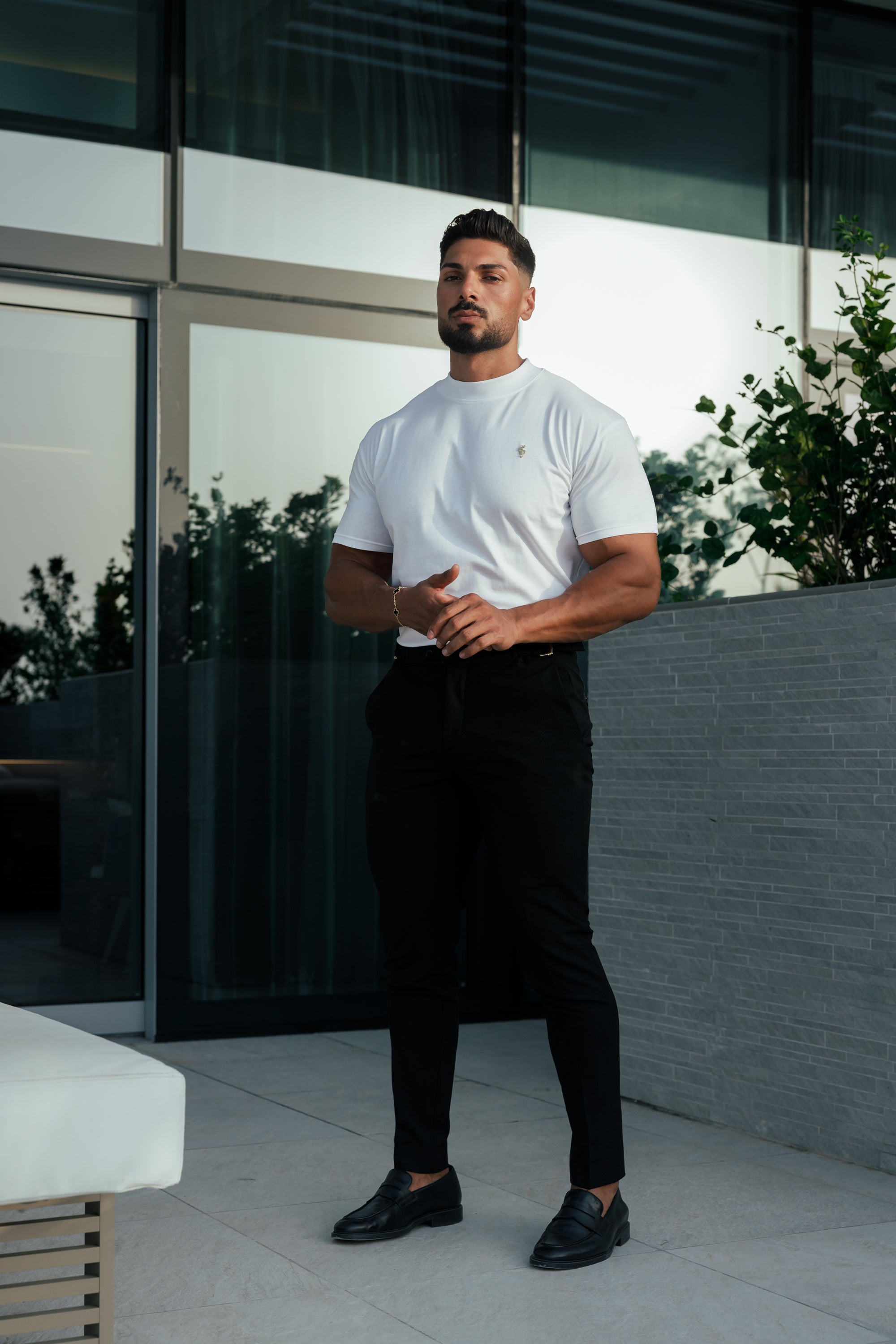 Ribbed High Neck Crew Short Sleeve White / Gold  - FSH1006