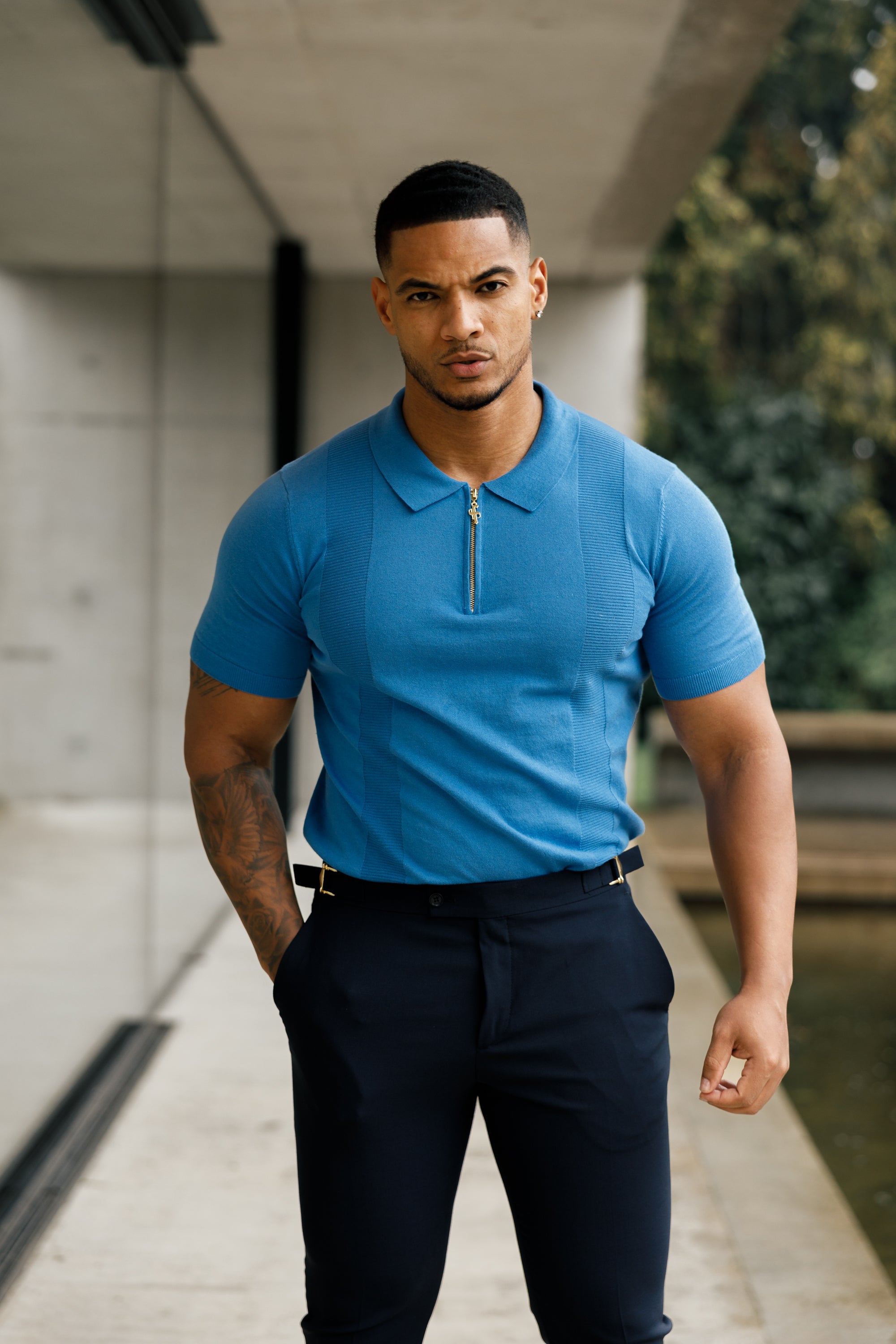 Classic Mid Blue and Gold Zip Knitted Polo Shirt Short Sleeve  - FSN134