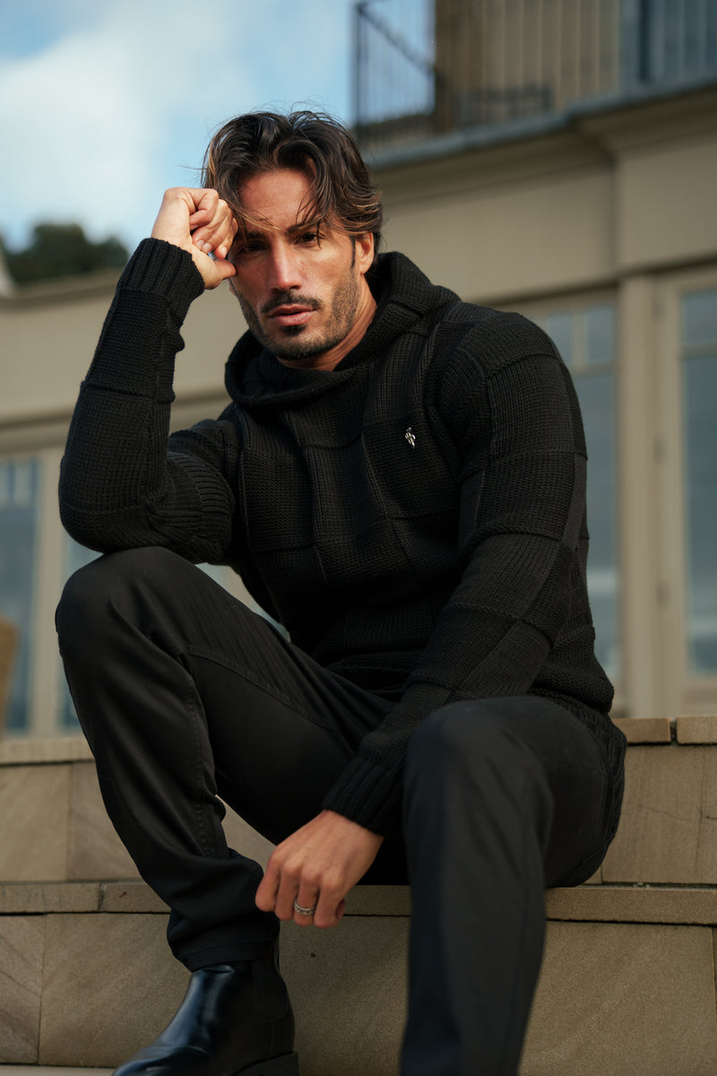 Father Sons Black Checkerboard Knitted Hoodie - FSJ135 (PRE ORDER 11TH DECEMBER)