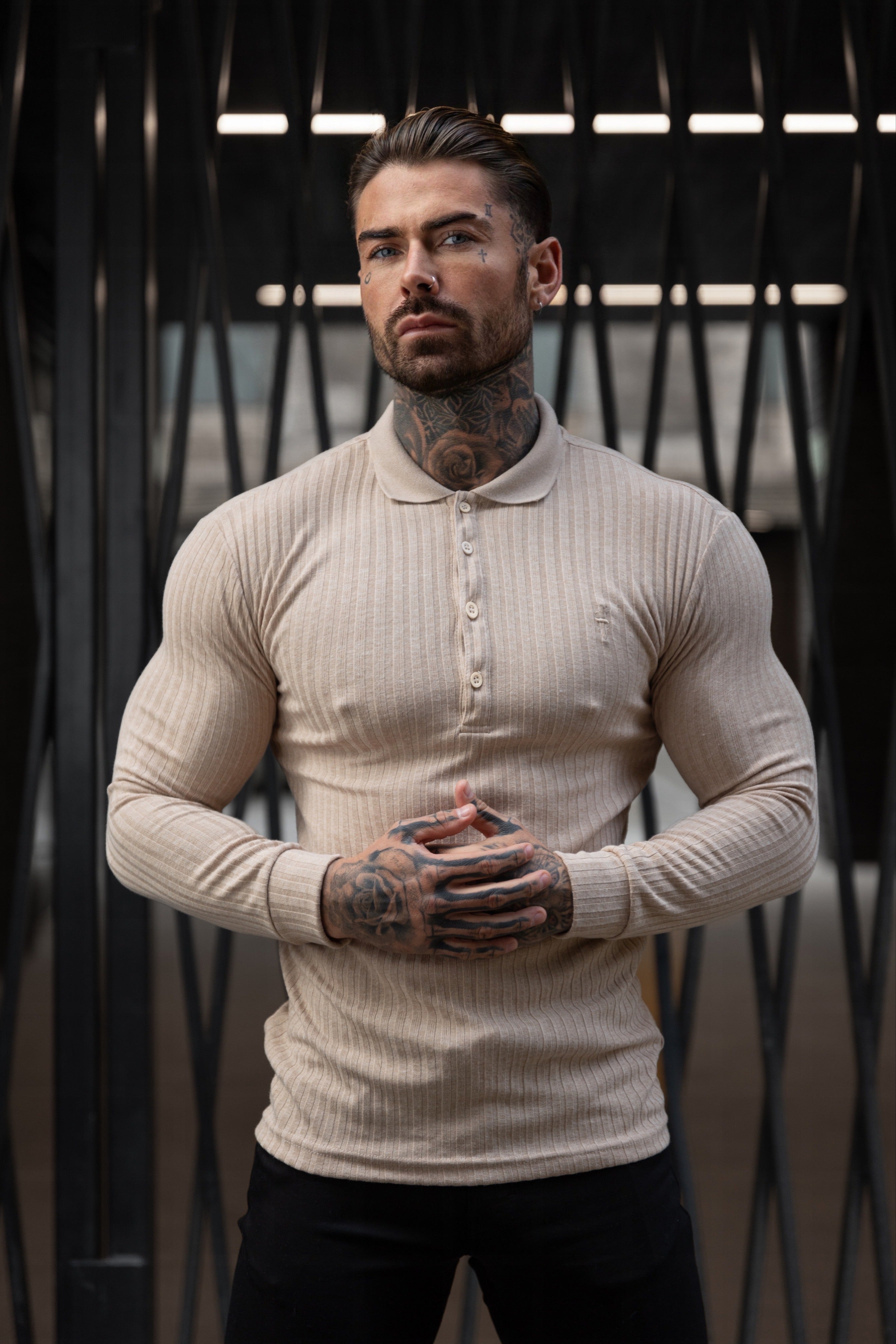 Classic Beige Ribbed Polo Shirt Long Sleeve - FSH968