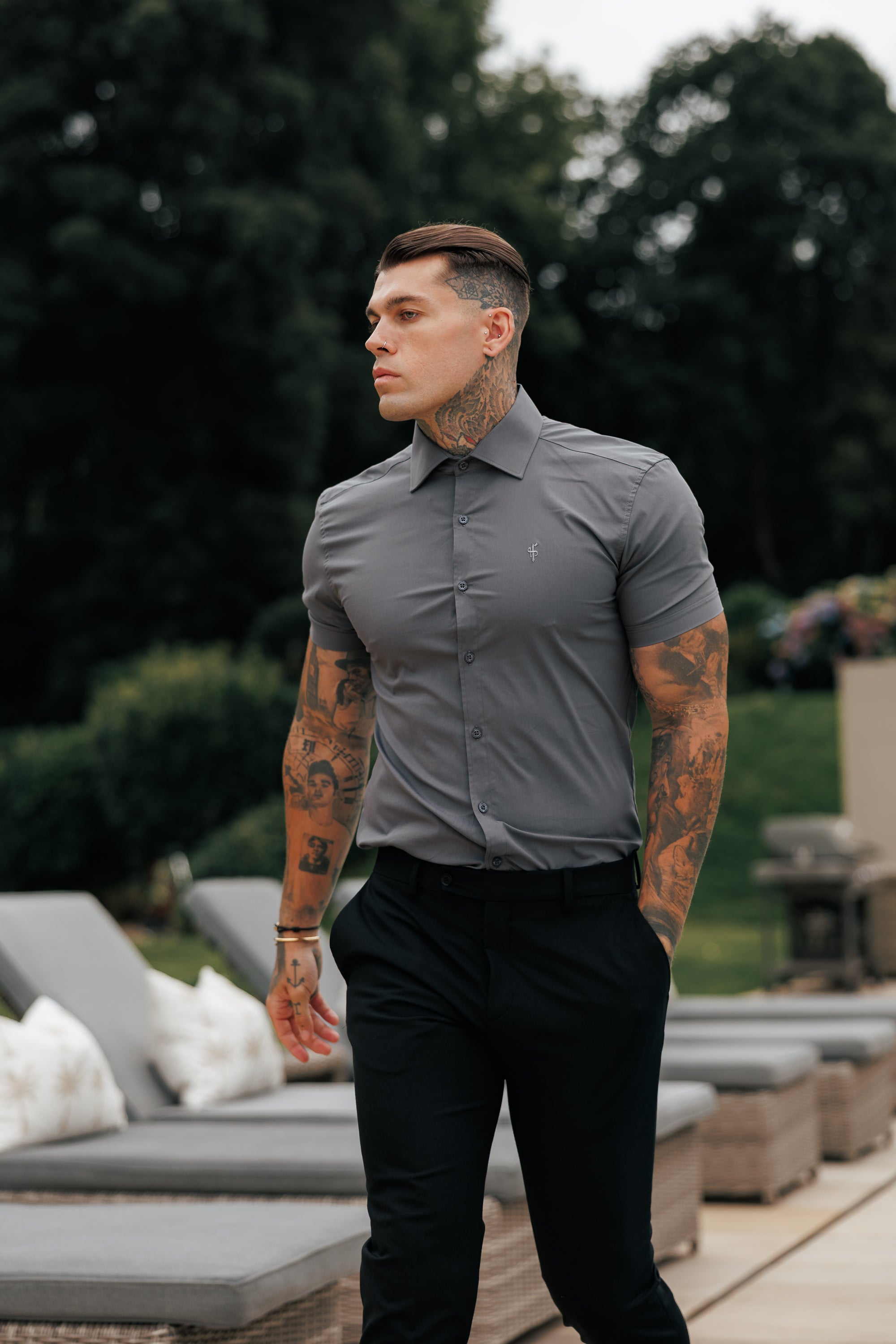 Muscle Fit Advanced Stretch Charcoal Short Sleeve with Cutaway Collar - FS1206