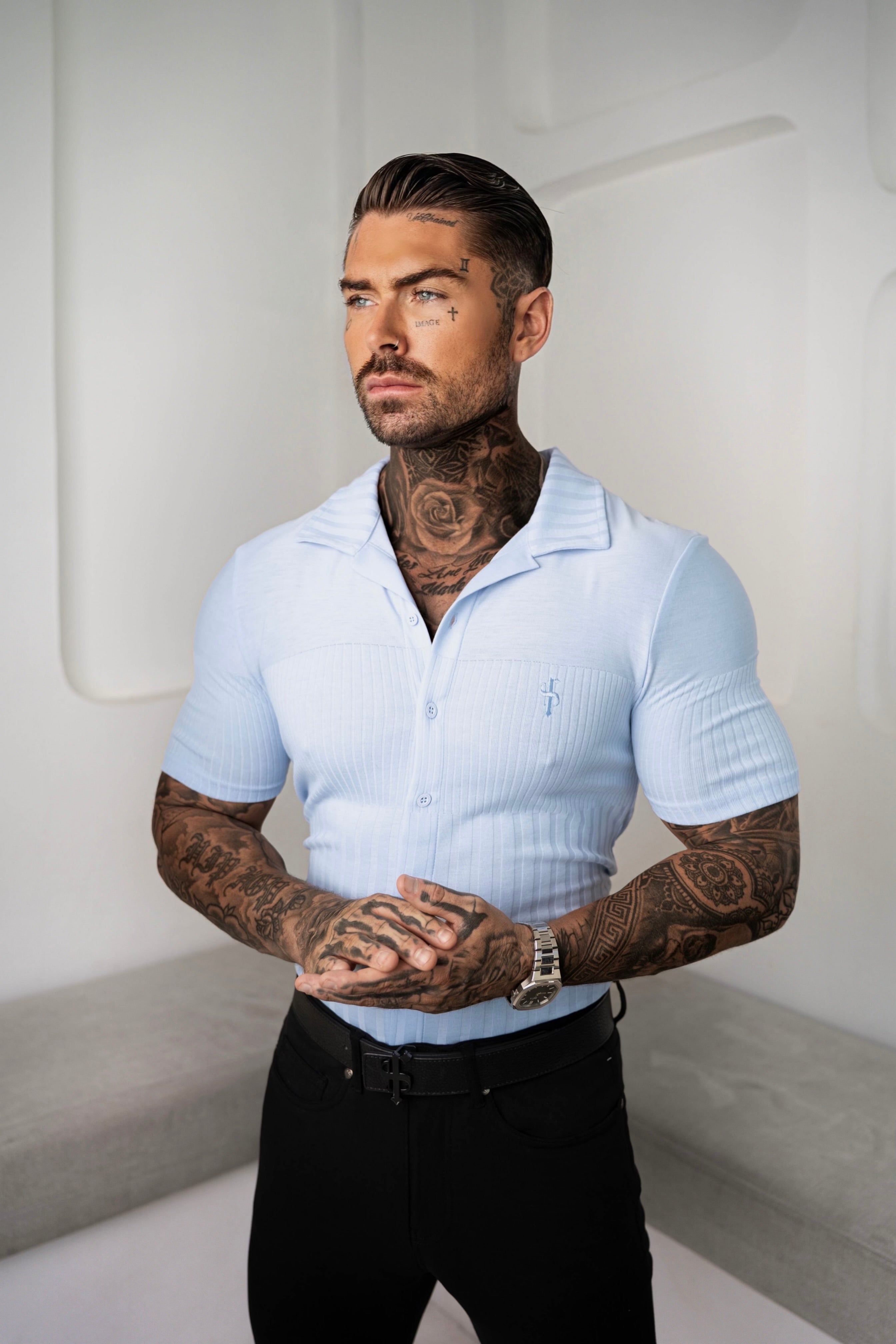 Jersey Revere Vertical Stripe Light Blue Shirt Short Sleeve - FSR027