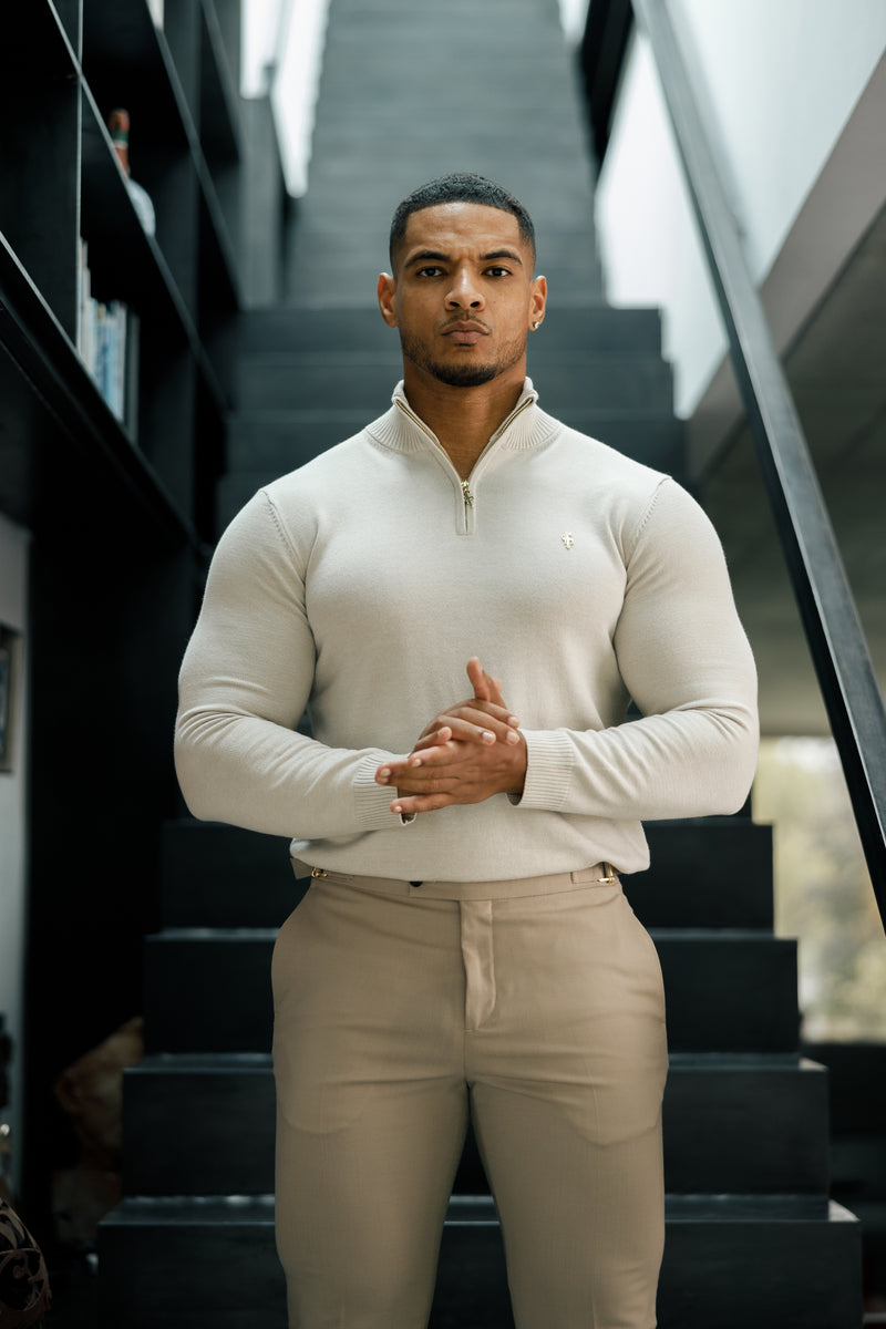 Father Sons Beige Funnel Neck 1/2 Zip Knitted Sweater - FSN118