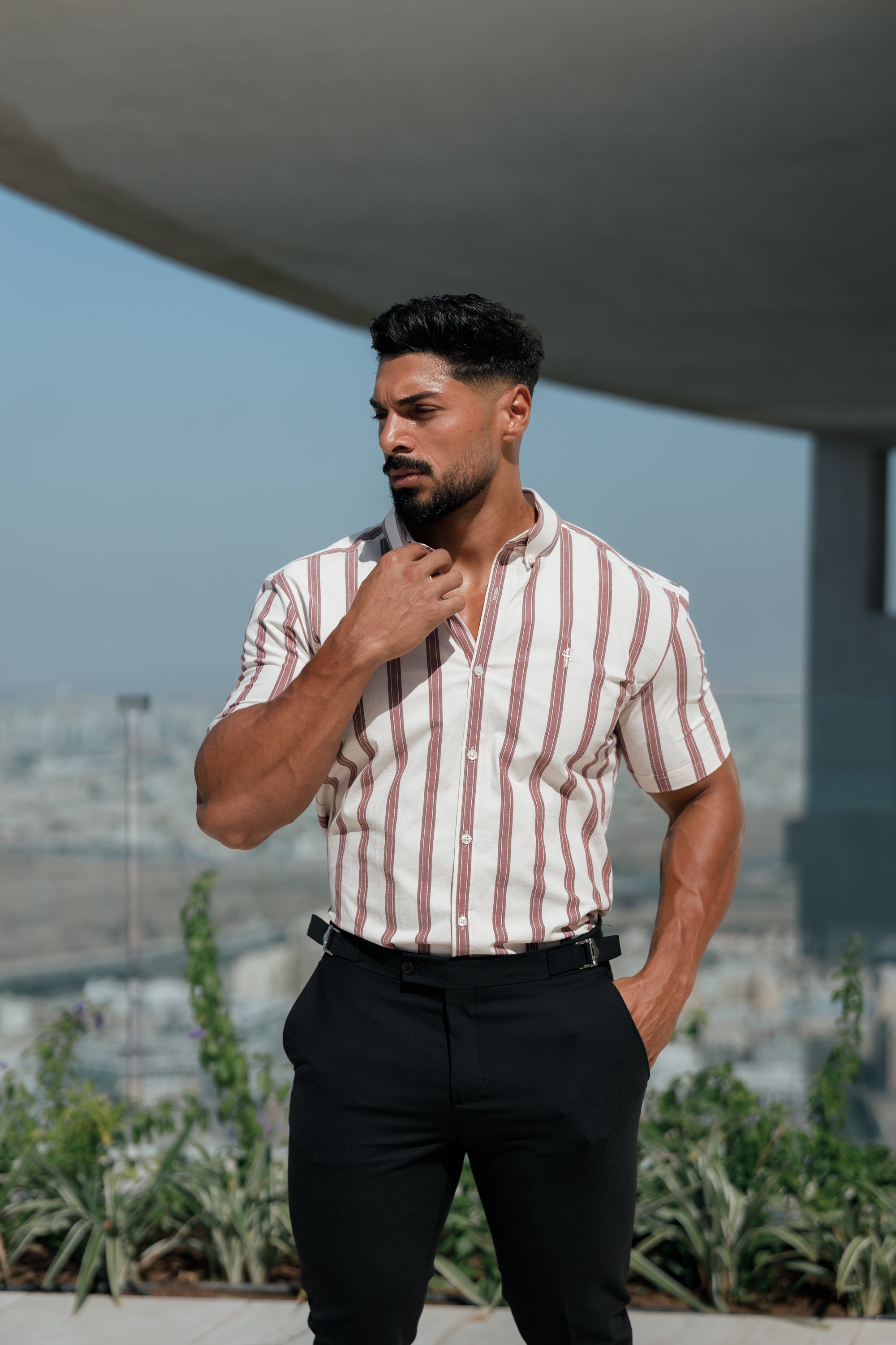 Super Slim Stretch Off White / Burgundy Woven Stripe Short Sleeve with Button Down Collar - FS972