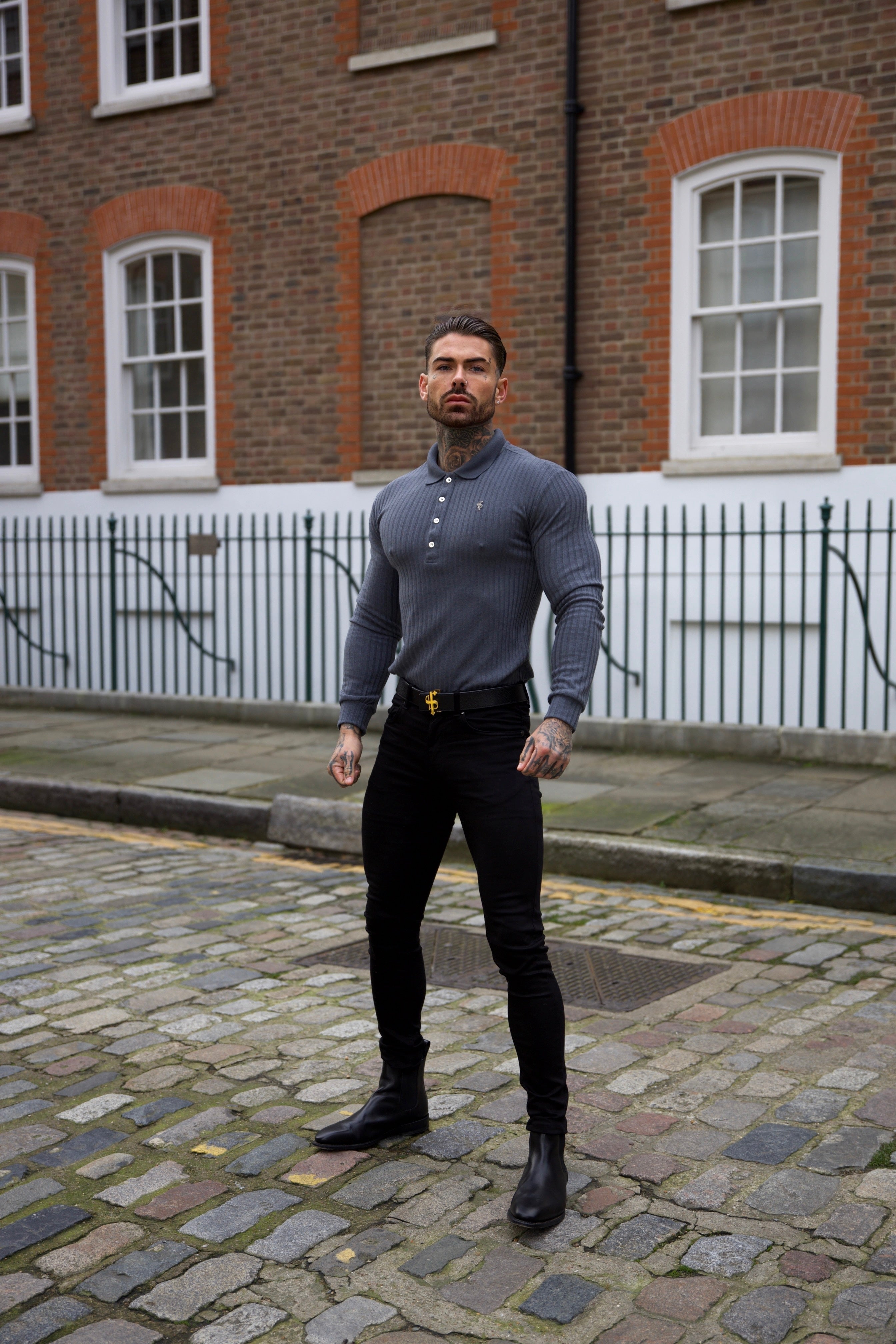 Classic Charcoal Ribbed Polo Shirt Long Sleeve With Silver Decal - FSH971